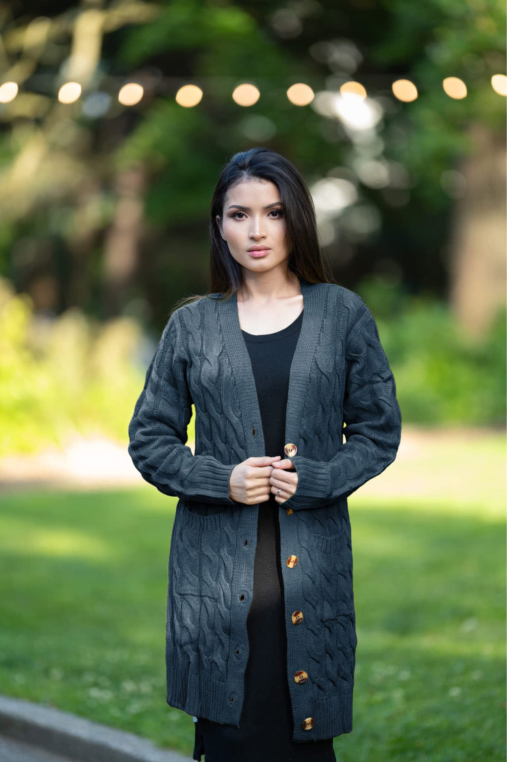 PRETTYGARDEN Long Sleeve Cable Knit Long Cardigan for Women 2026 Spring Winter Chunky Open Front Button Sweaters with Pockets (Blue, Small)