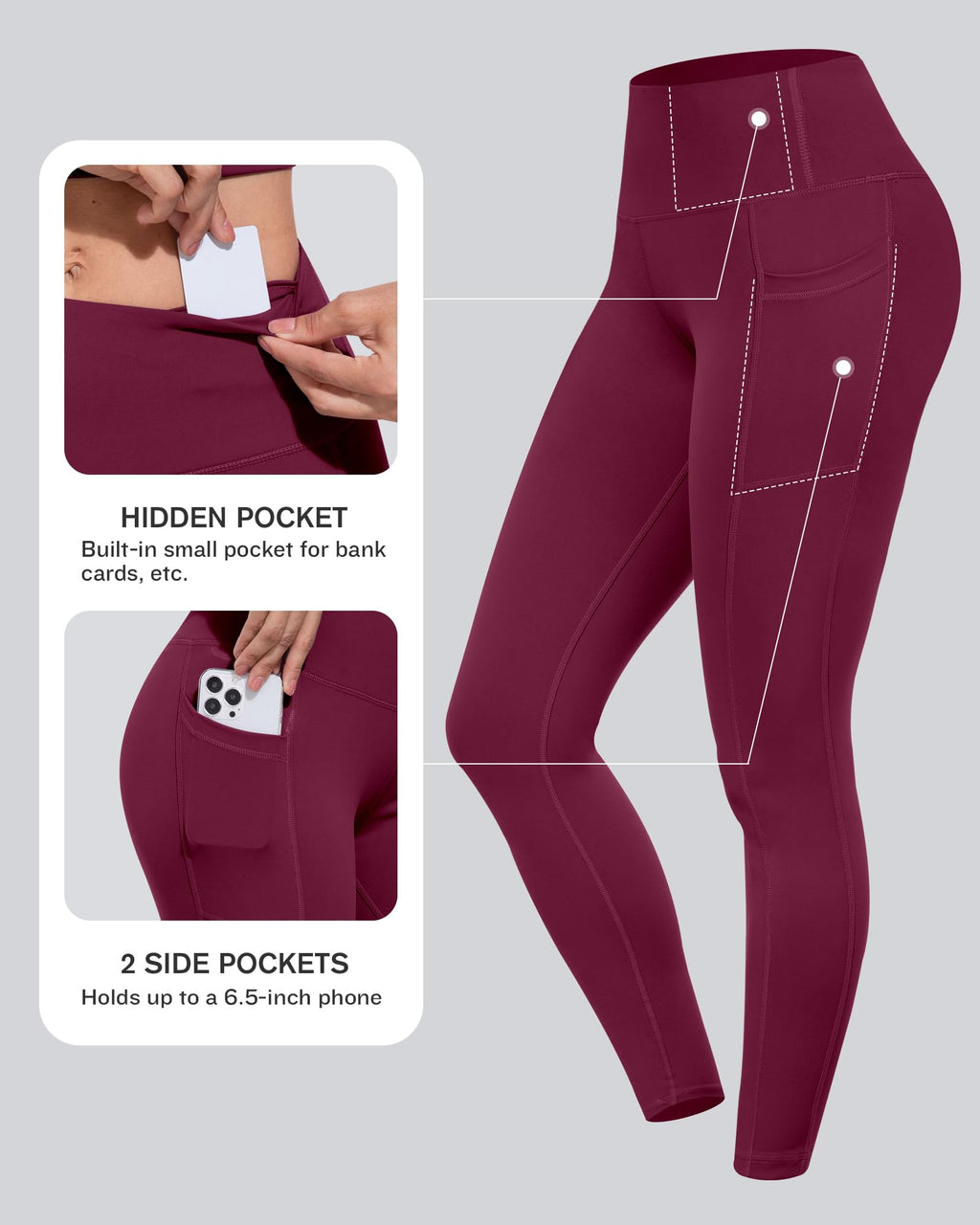 CHRLEISURE Leggings with Pockets for Women, High Waisted Tummy Control Workout Yoga Pants(5 Packs Black,Gray,Navy,Wine,JLGreen, L)
