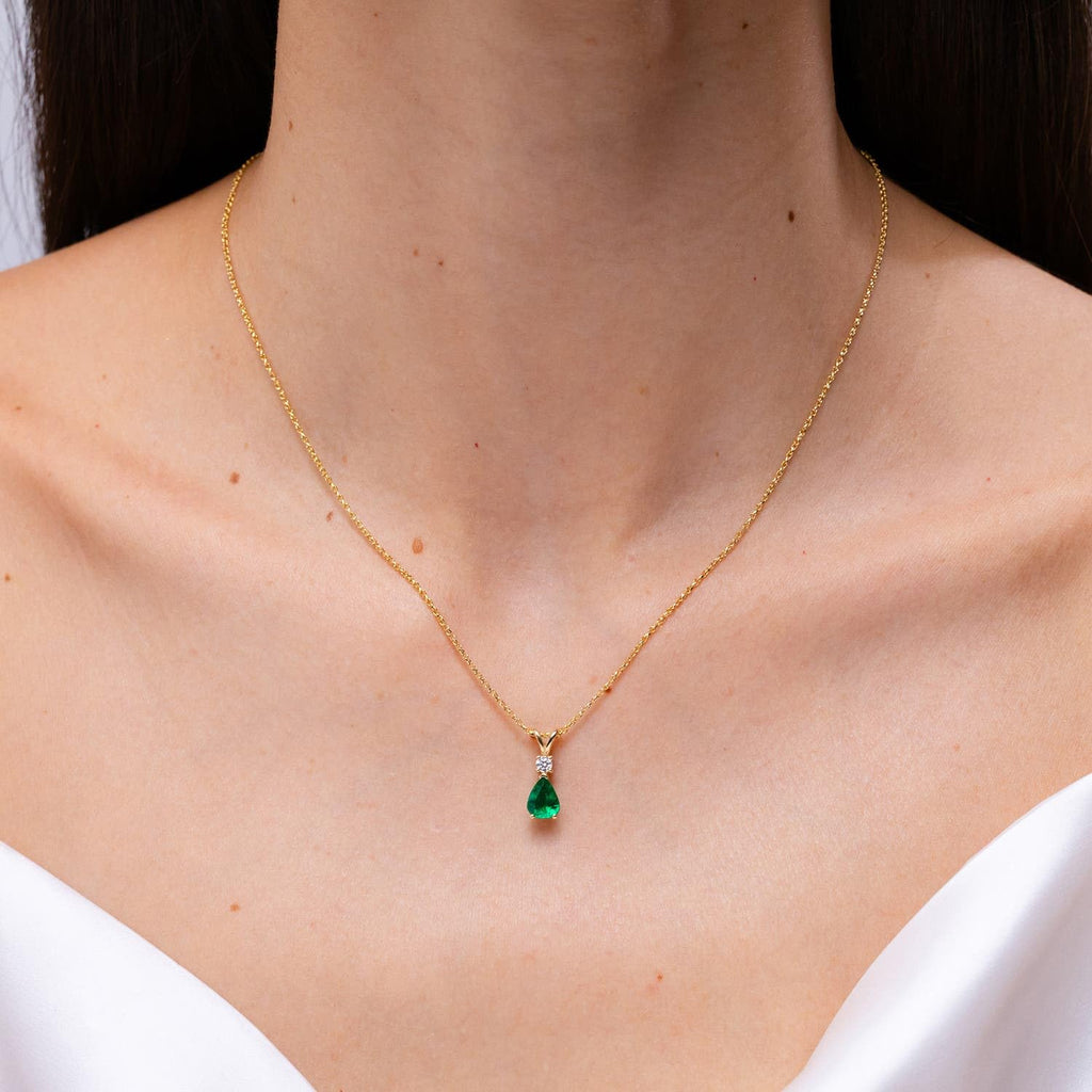 Angara 0.38 ct Emerald Teardrop V-Bale Necklace with Diamond in Sterling Silver | Natural Prong-Set Emerald Pendant for Women | July Birthday Gemstone Jewelry Gift | 6x4mm