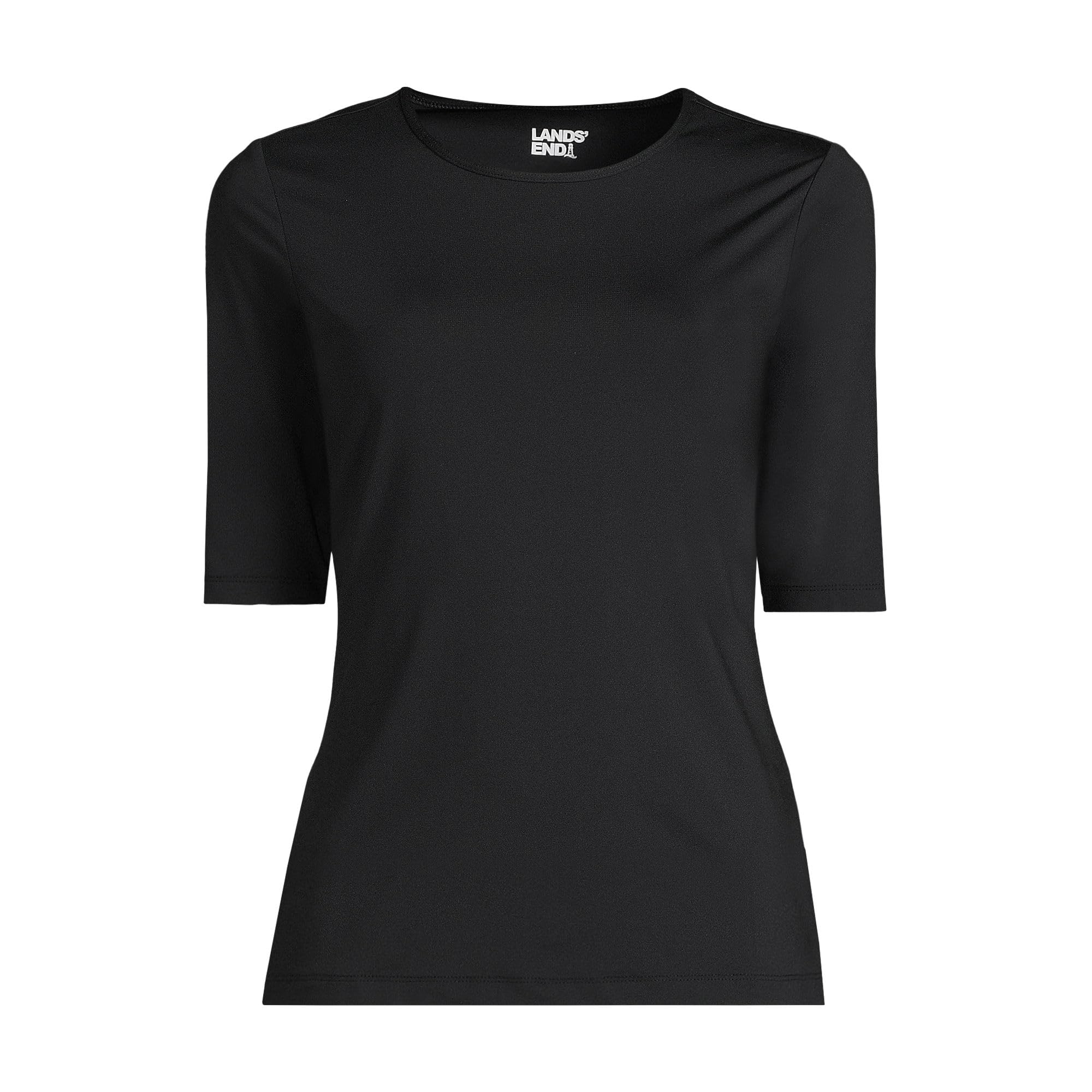 Lands' End Women's Sunshade UPF 50 Elbow Sleeve Rash Guard Swim Tee Black Petite XXS
