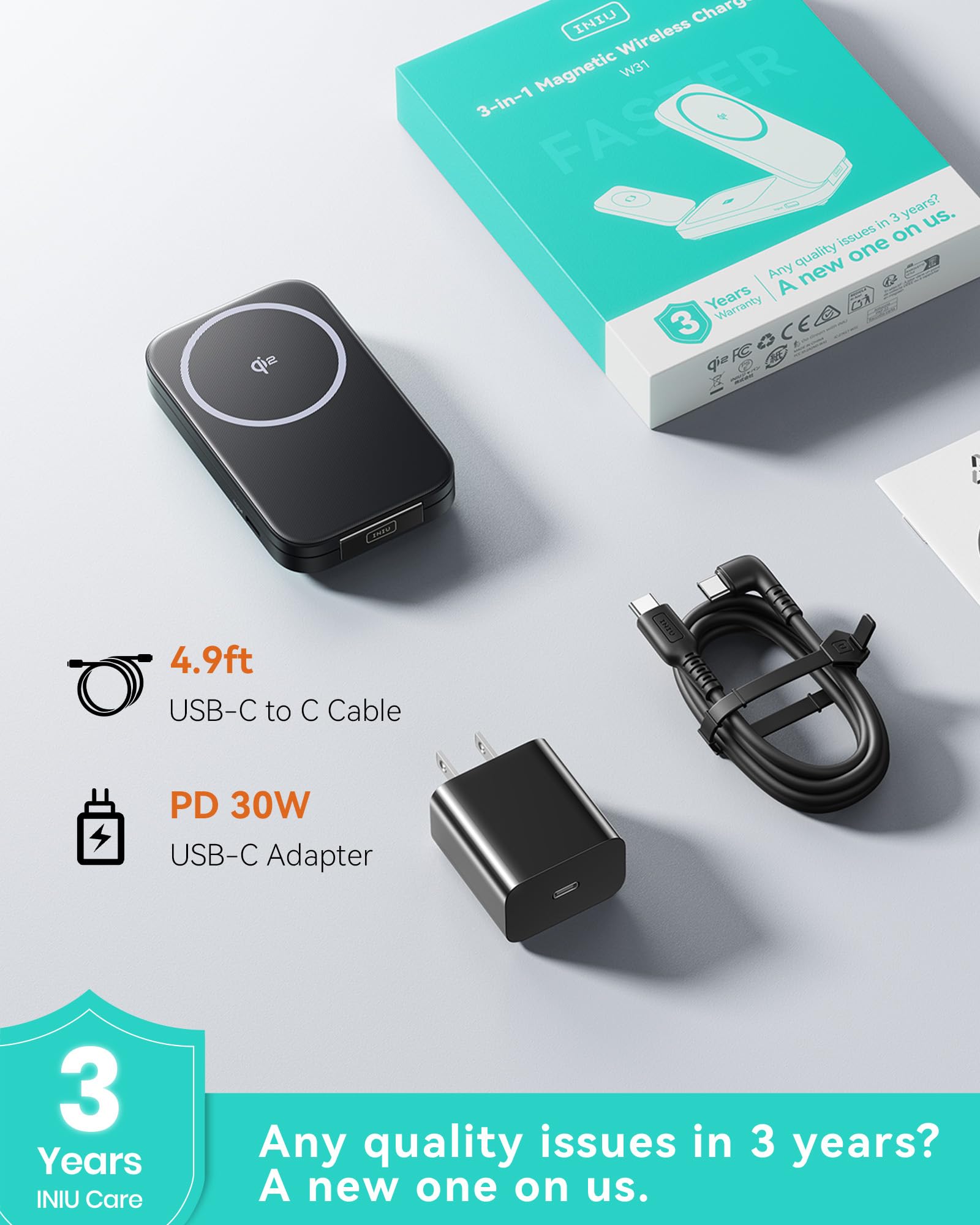 INIU 3 in 1 Foldable Wireless Charging Station, Original Qi2 Certified 15W Fast Mag-Safe Charger Stand for iPhone 17 16 15 14 13 12, Apple Watch, AirPods, Ideal for Travel Office Desk Accessories