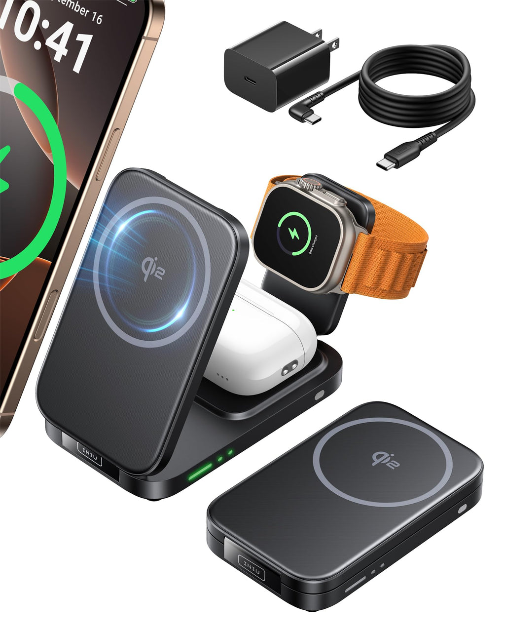 INIU 3 in 1 Foldable Wireless Charging Station, Original Qi2 Certified 15W Fast Mag-Safe Charger Stand for iPhone 17 16 15 14 13 12, Apple Watch, AirPods, Ideal for Travel Office Desk Accessories