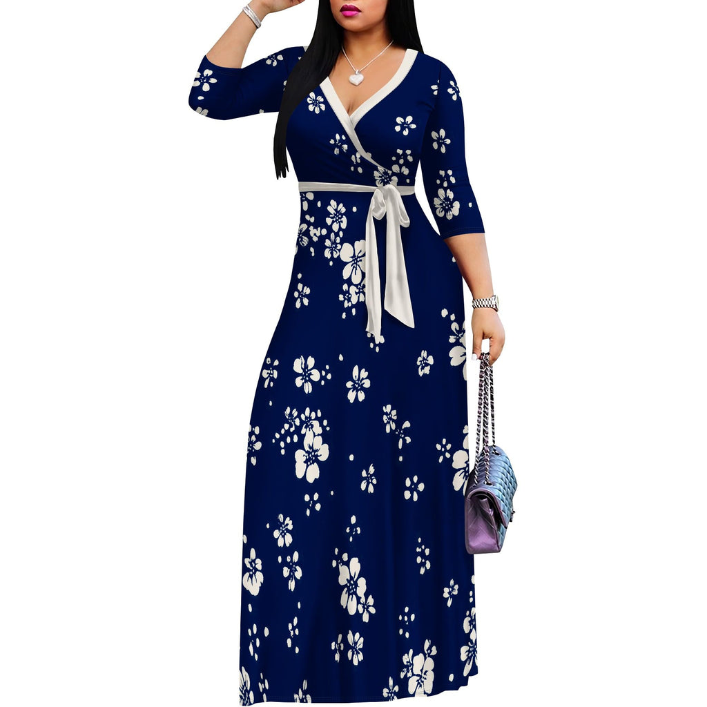 PinkPatty Plus Size Maxi Dress for Women 3/4 Sleeve V Neck Printing Dress Wedding Guest Sundress with Belt (A-Navy Blue/White2XL)