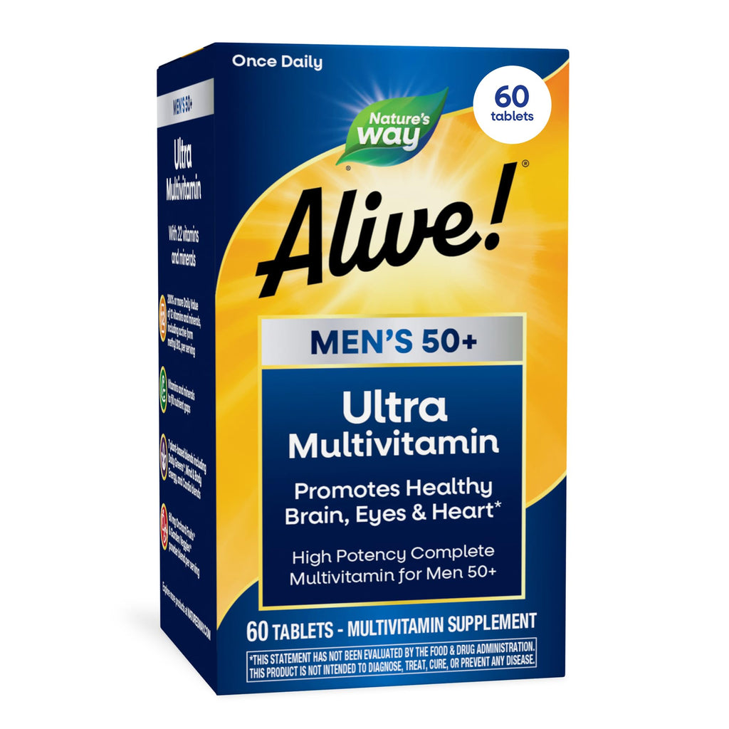 Nature's Way Alive! Men’s 50+ Daily Ultra Multivitamin, High Potency Formula, Supports Healthy Brain, Eyes & Heart*, with Methylated B12, Gluten-Free, 60 Tablets (Packaging May Vary)