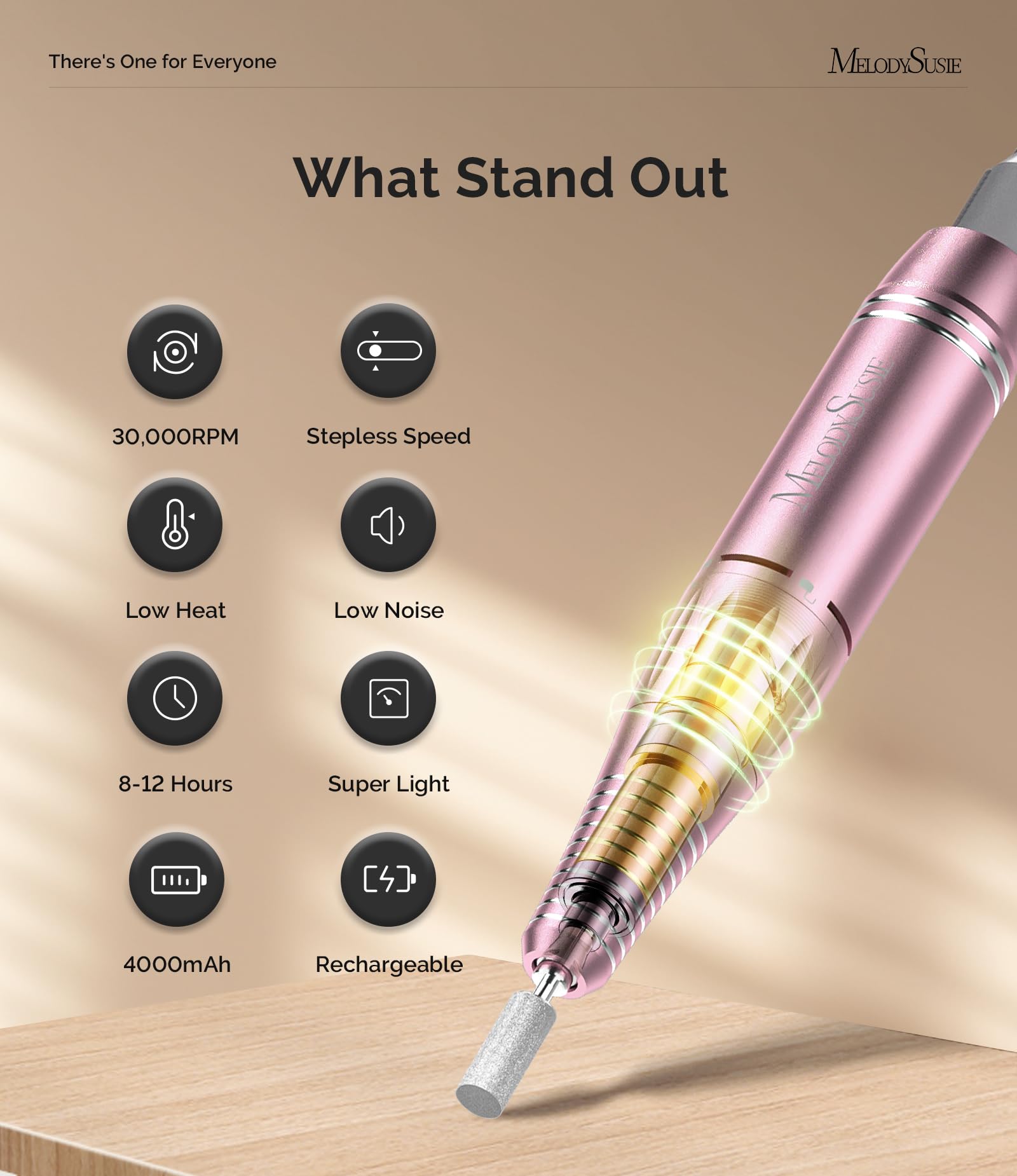 MelodySusie Entry-Level Clip-On Cordless Essential Nail Drill, SC300F 30000RPM E-File with LCD Display for All Manicure Shaping & Gel Removal, Ideal for Training, Nail Art Practice & Home Use, Pink