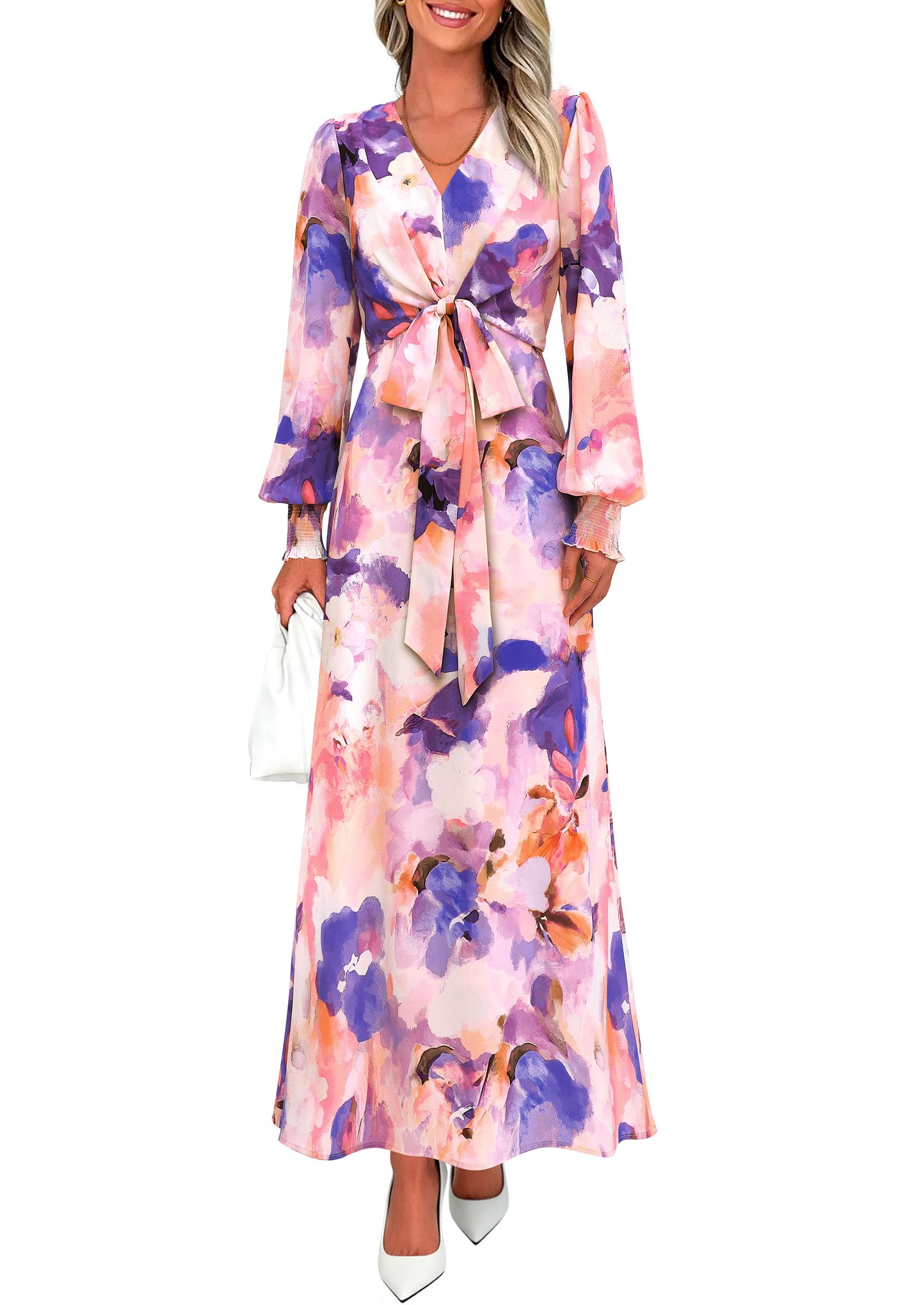 PRETTYGARDEN Women's 2026 Spring Wedding Guest Dresses Floral Long Sleeve V Neck Belted Long Flowy Boho Maxi Dress (Floral Multicolored,X-Large)