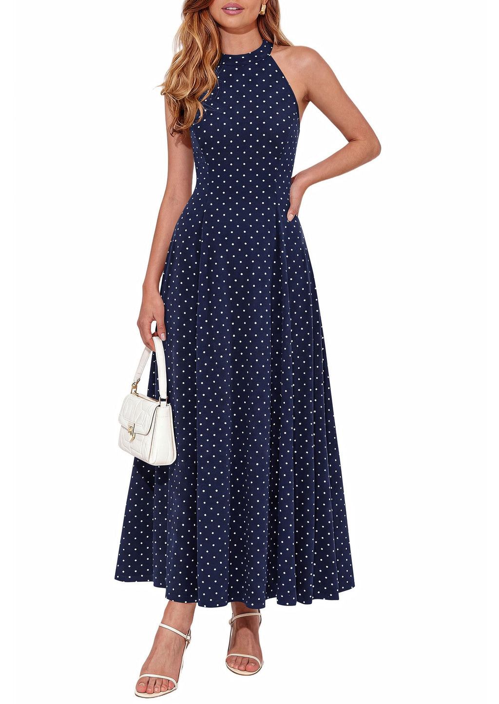 PRETTYGARDEN Summer Halter Dresses for Women 2026 Vacation Outfits Sleeveless Polka Dot Sundress Wedding Guest Maxi Dress(Dot Dark Blue White,Medium)