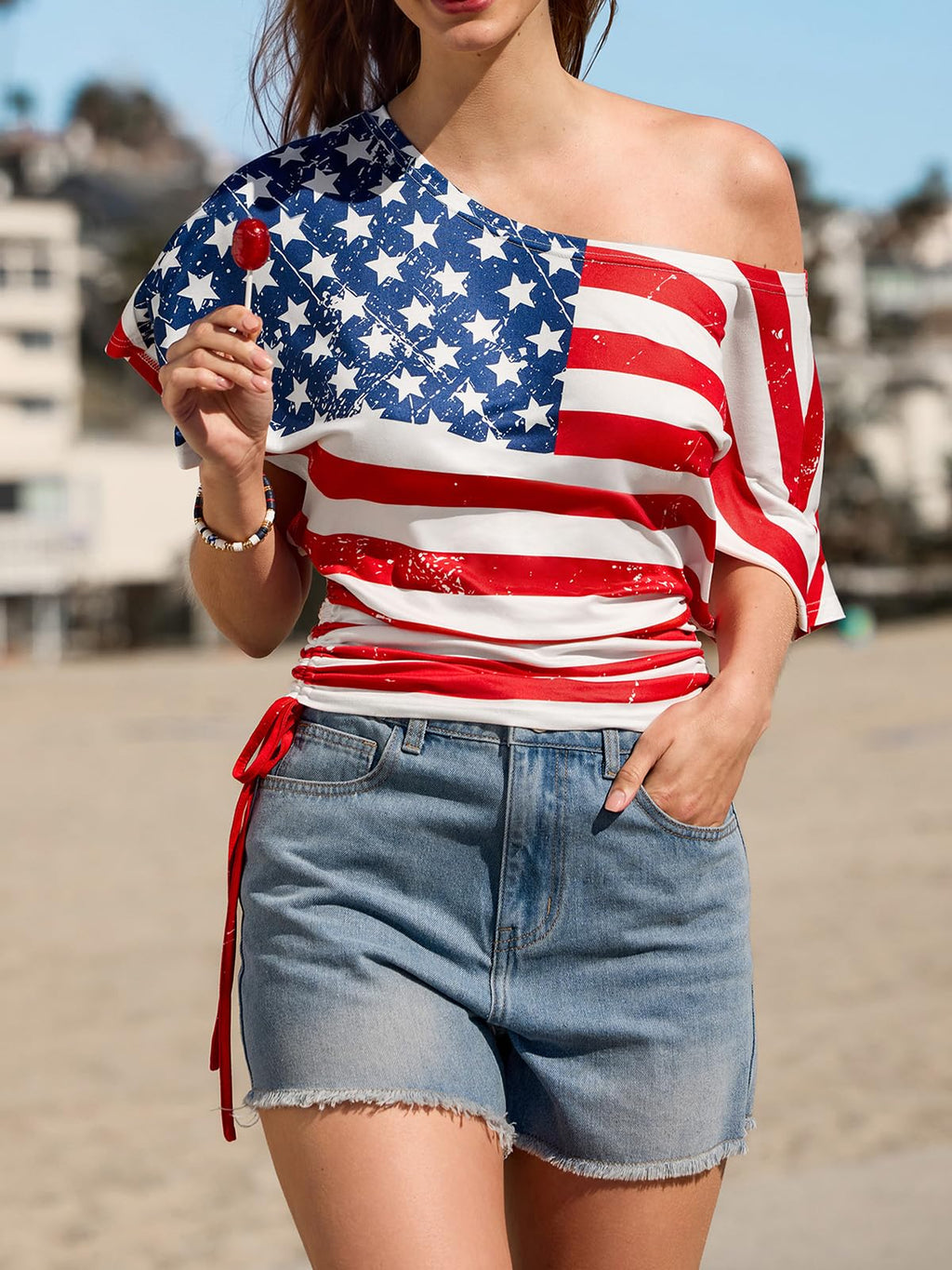 CUPSHE American Flag T Shirt Women USA Star Stripes Fourth July Tee Shirts Casual America Flag Print V Neck Tee Tops M