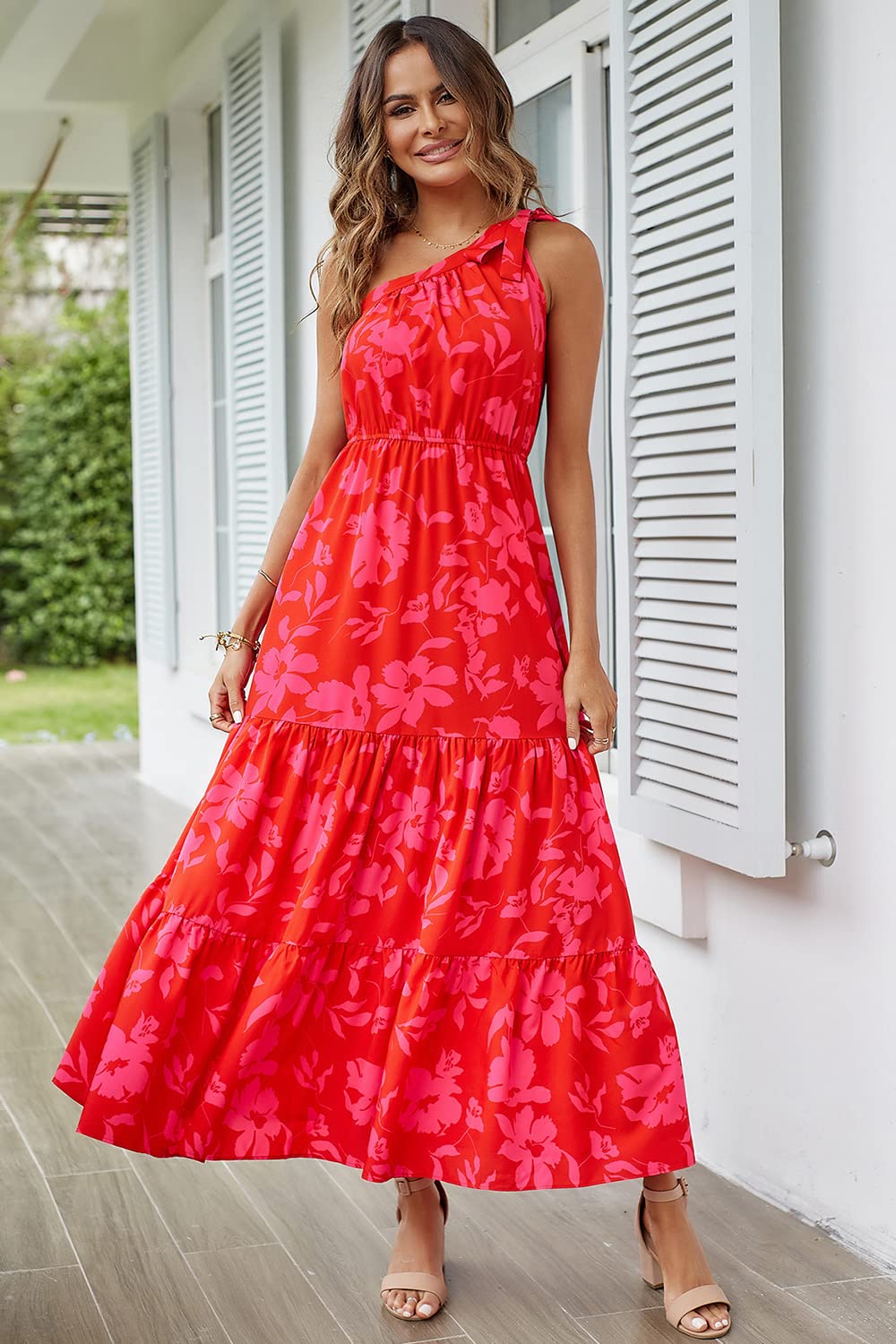 PRETTYGARDEN Women's Summer Floral Maxi Dress Knot One Shoulder Sleeveless Ruffle Flowy Boho Beach Wedding Guest Dresses (Red Floral,Medium)