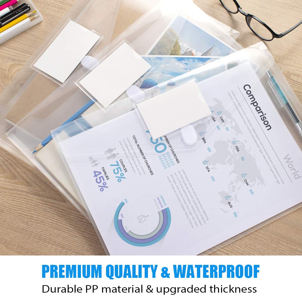 Sooez 10 Pack Plastic Envelopes File Folders, Clear Folder for Document US Letter A4 Size Poly Envelopes with Label Pockets for School Home Work Office Organizer, Clear