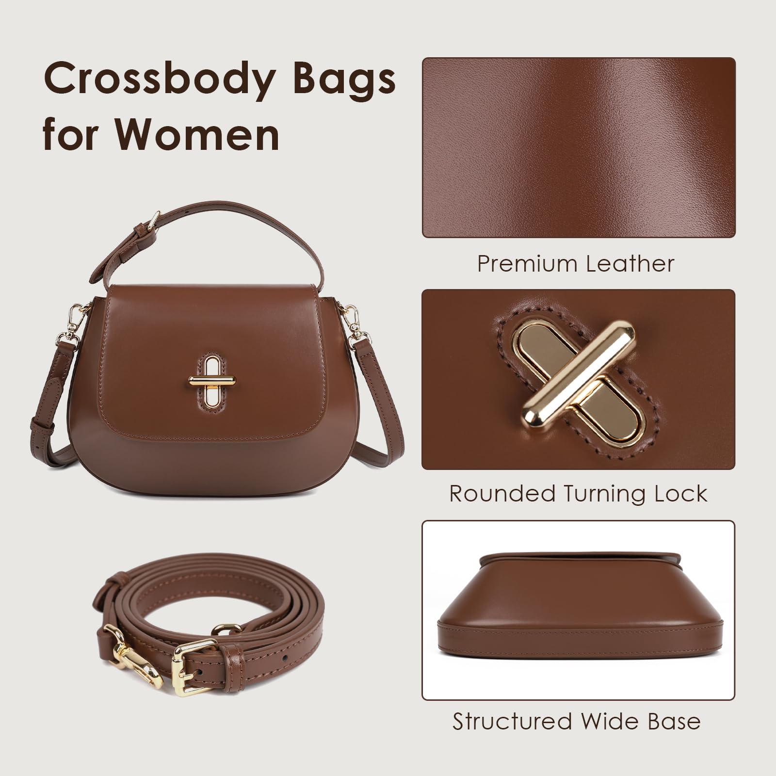 MoreFarther Genuine Leather Crossbody Bags for Women, Structured Handbags Leather Crossbody Purse(Coffee)