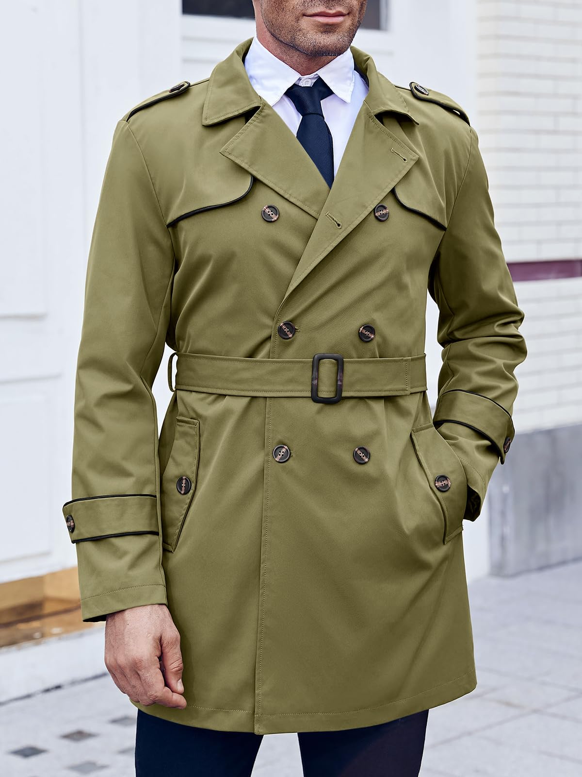Makkrom Men's Trench Coat Slim fit Double Breasted Notched Lapel Belted Windbreaker Long Jacket Casual Windproof Overcoat