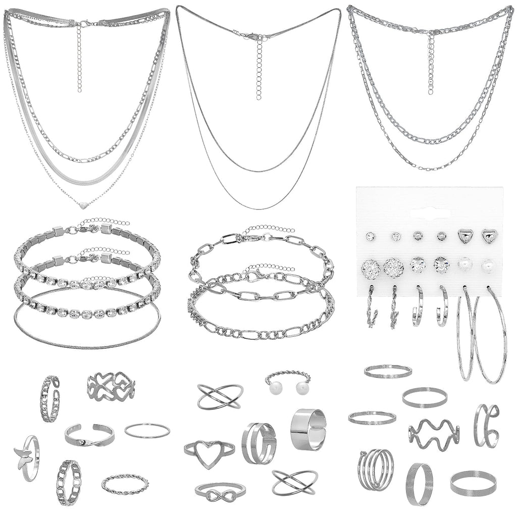 Silver Jewelry Set for Women Layered Bracelets Ball Dangle Hoop Earrings Stackable Knuckle Rings Set Dainty Adjustable Necklaces Valentine Anniversary Trendy Party Costume Accessories Jewelry (Fashionable)