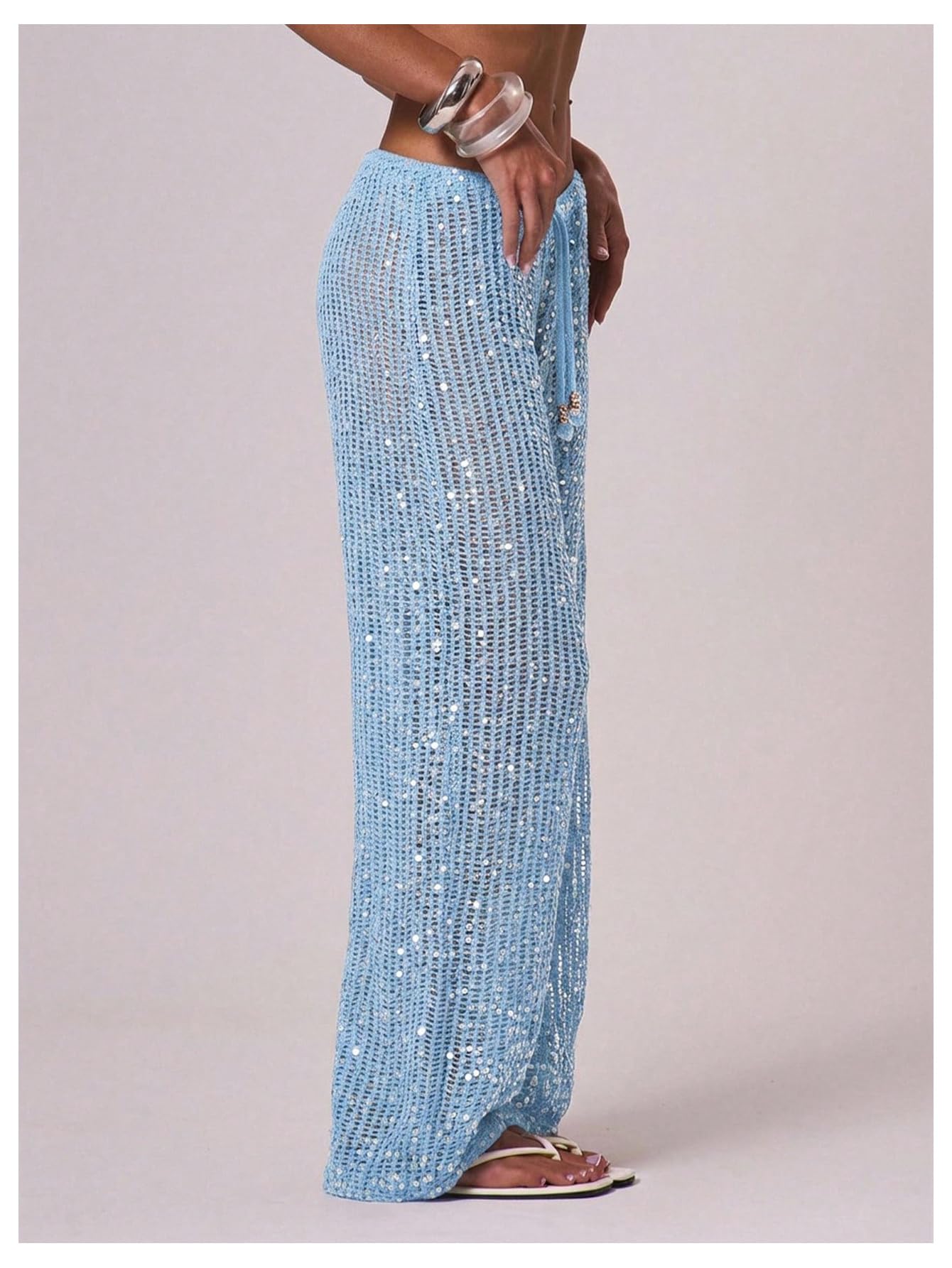 WDIRARA Women's Sequin Crochet Cover Up Pants Hollow Out Beach Pants Swimwear Light Blue Large
