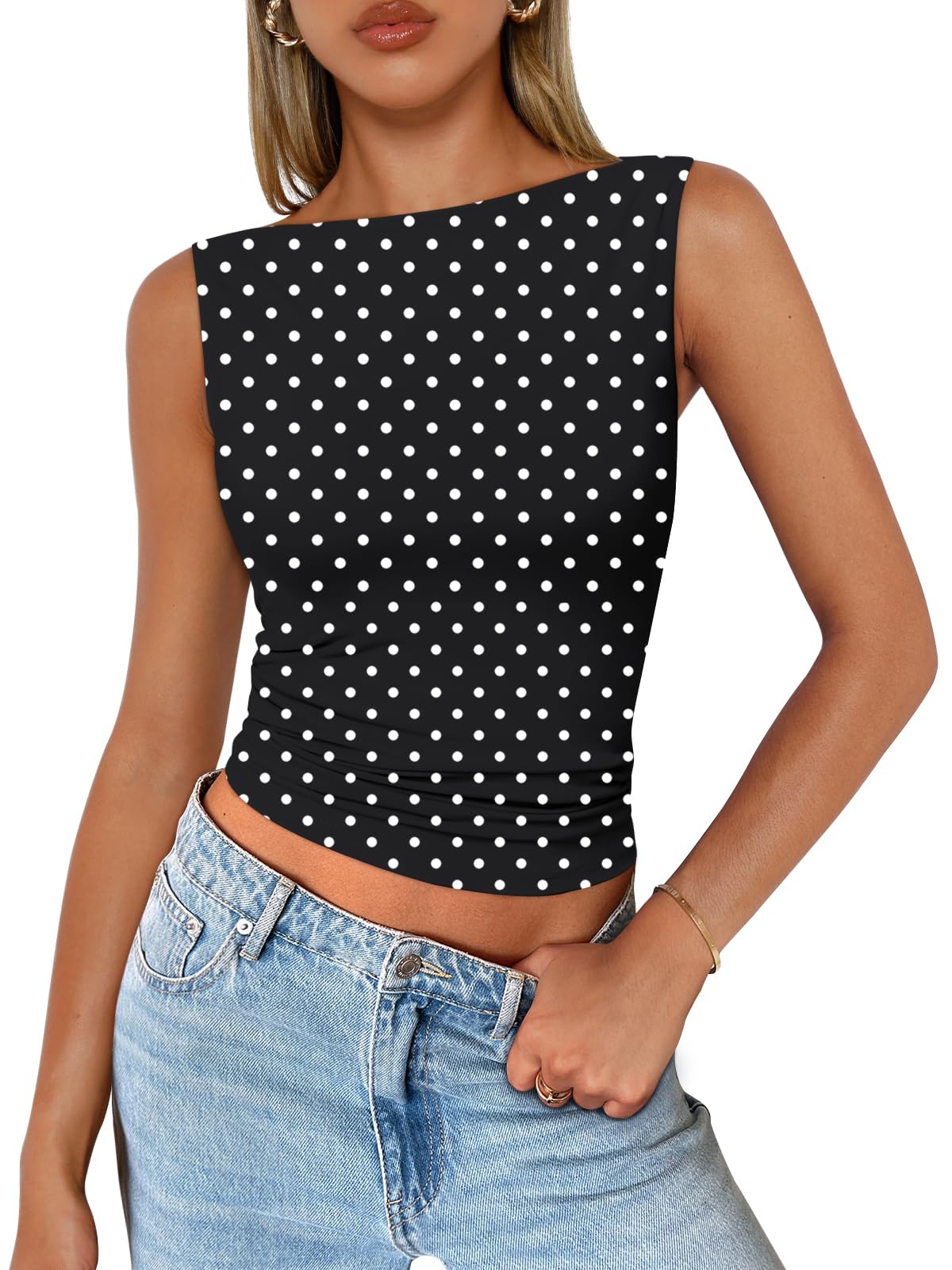 Trendy Queen Women Going Out Summer Tank Tops Spring Casual Basic Cute 2026 Sleeveless Shirt Vacation Fashion Outfit Clothes BlackDots M