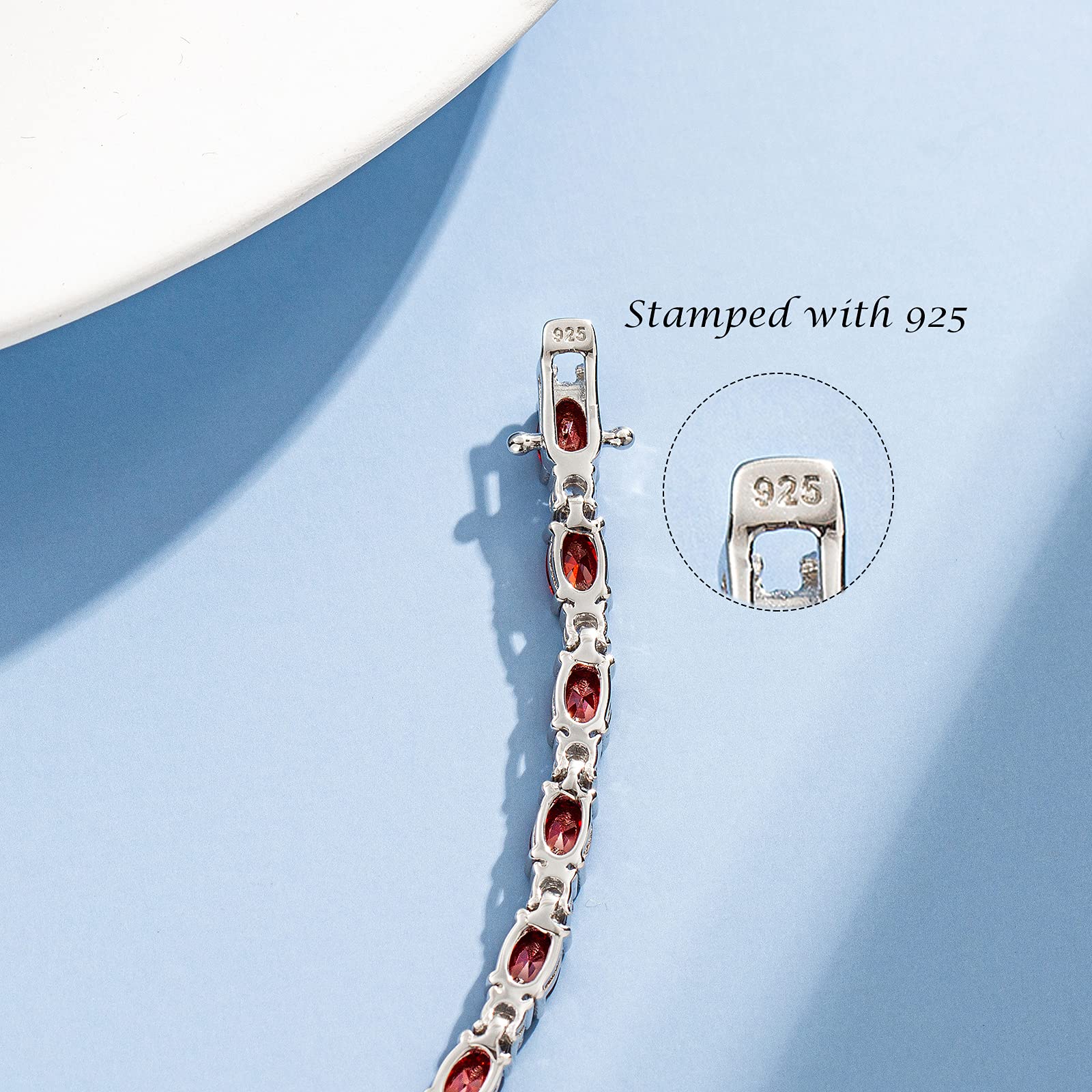 FANCIME Sterling Silver Created Garnet Tennis Bracelet January Birthstone Bracelet Cubic Zirconia Oval Gemstone Dainty Fine Jewelry for Women 7"