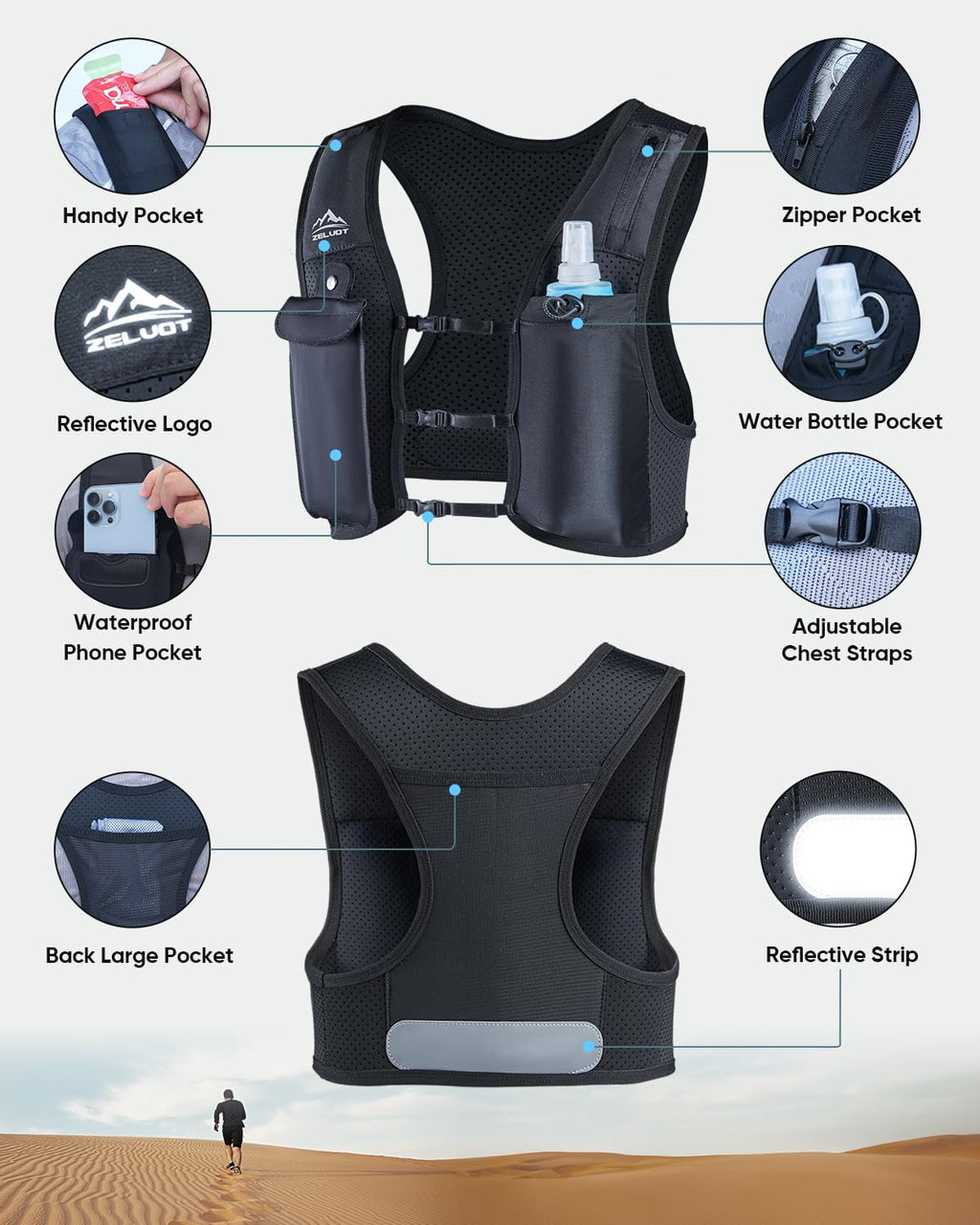 Zelvot Running Vest for Women Men, USA Original Patent, Adjustable Chest Straps Running Hydration Vest with 500ml Soft Flask, Lightweight Breathable Reflective Running Vest for Marathon Hiking - XS/S