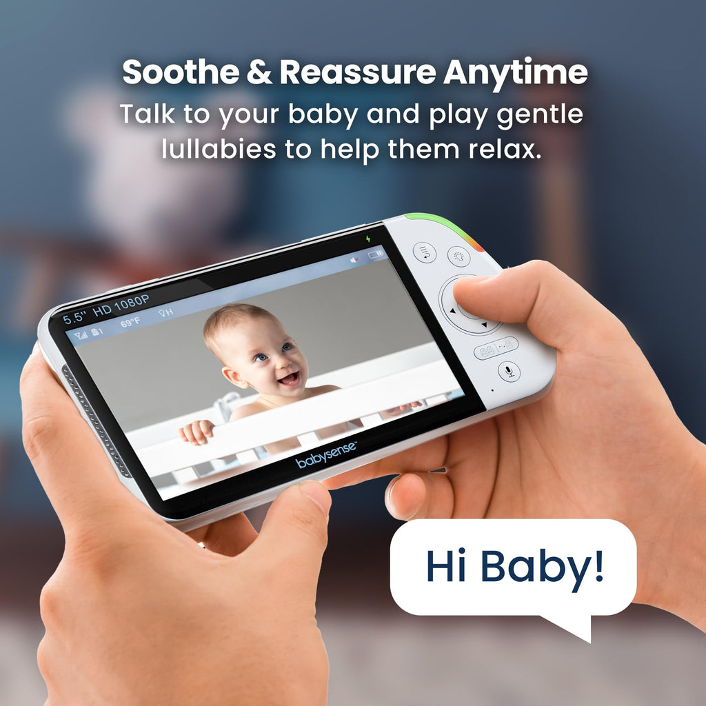 Babysense Full HD 5.5" Split Screen Baby Monitor with 2 Cameras, 6-Color Night Light, White Noise, Sound & Light Machine, 20-Hour Battery, Hack-Proof Non-WiFi Secure Connection