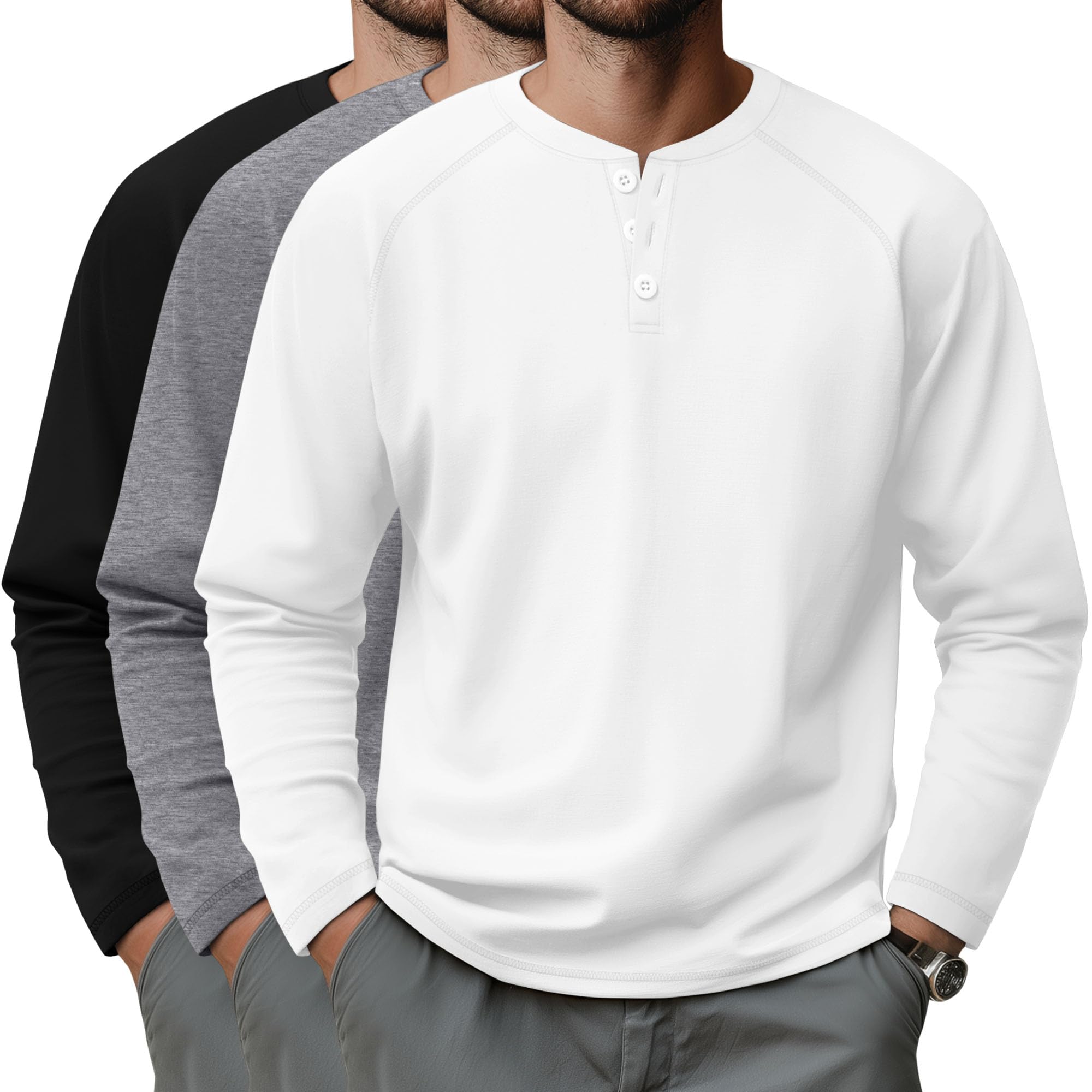 Riyiper 3 Pack Men's Big and Tall Henley Shirts Long Sleeve L-5XL Raglan Loose Casual Stretchy Tops Fall Basic Tee(Black, Gray, White,4X-Large)