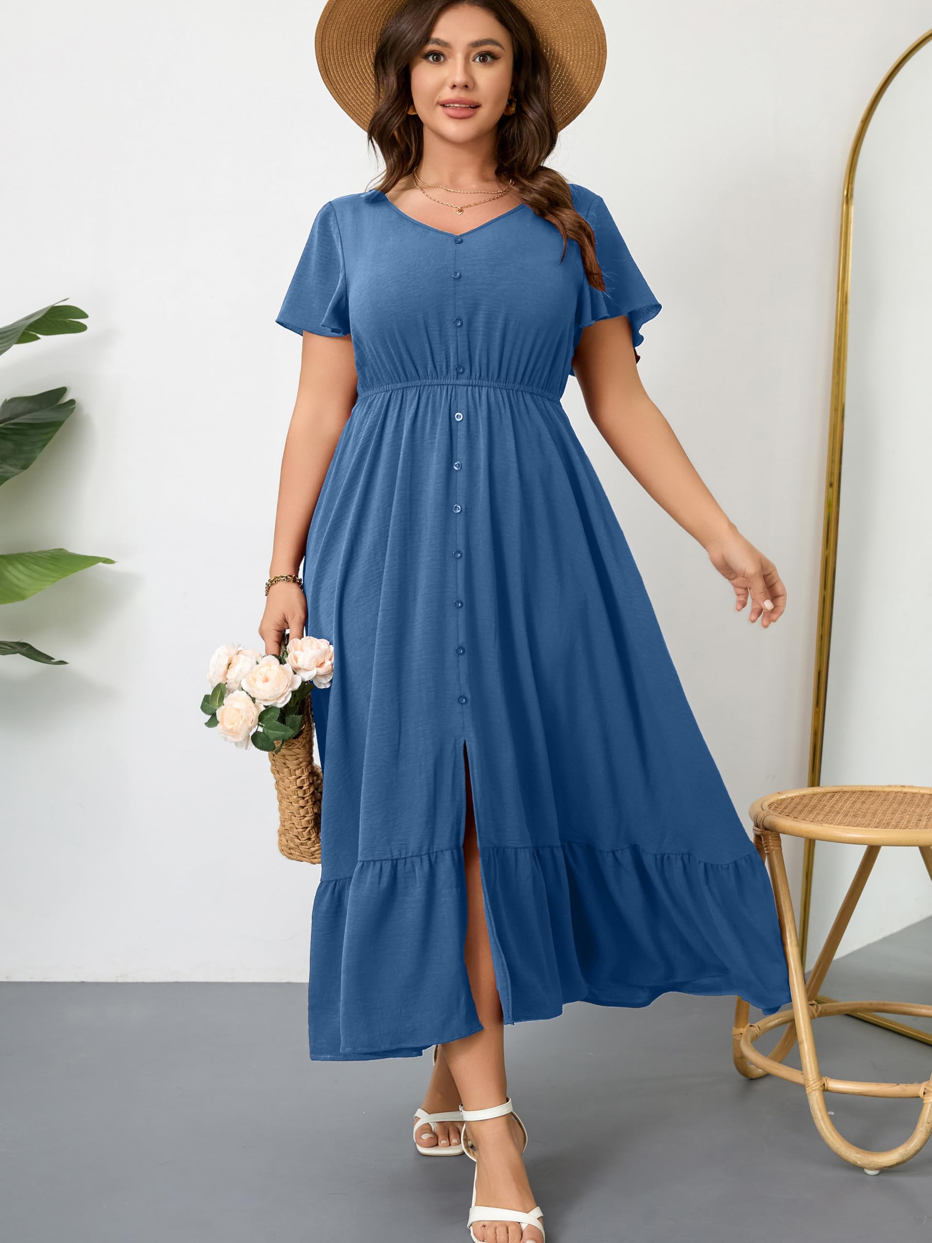 RWJ Women Plus Size Maxi Dress V Neck Short Sleeve Button Trim Split Flowy Tiered Casual Long Dresses 2026 Dusty Blue X-Large