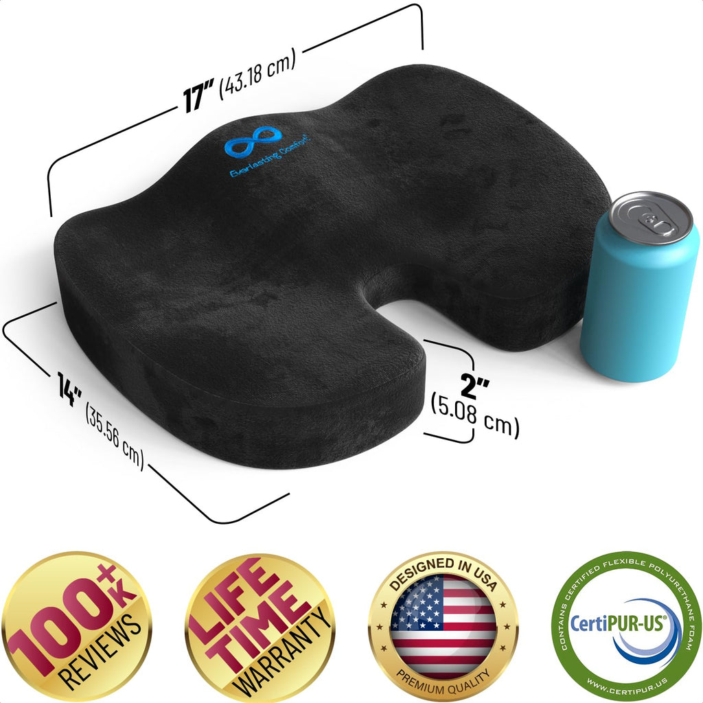 Everlasting Comfort Doctor Recommended Memory Foam Seat Cushion for Office Chairs & Car - Ergonomic Office Desk Accessories - Cushions for Tailbone Pain Relief, Sciatica (Black, Large)