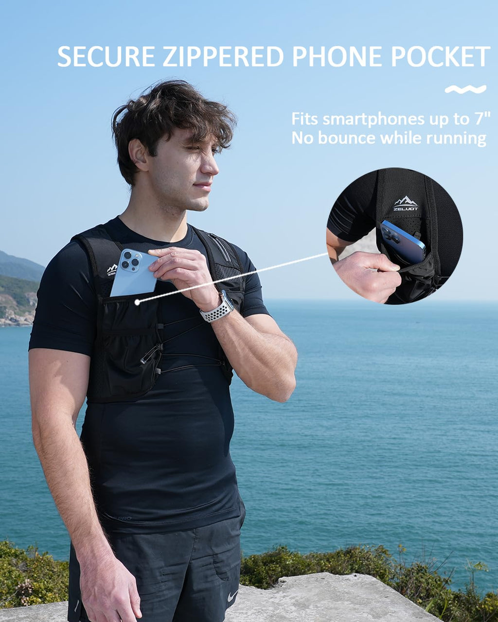 Zelvot Running Vest for Women Men, USA Original Patent, Adjustable Chest Straps Running Hydration Vest with 500ml Soft Flask, Lightweight Reflective Hydration Backpack for Hiking Marathon (Black, M/L)