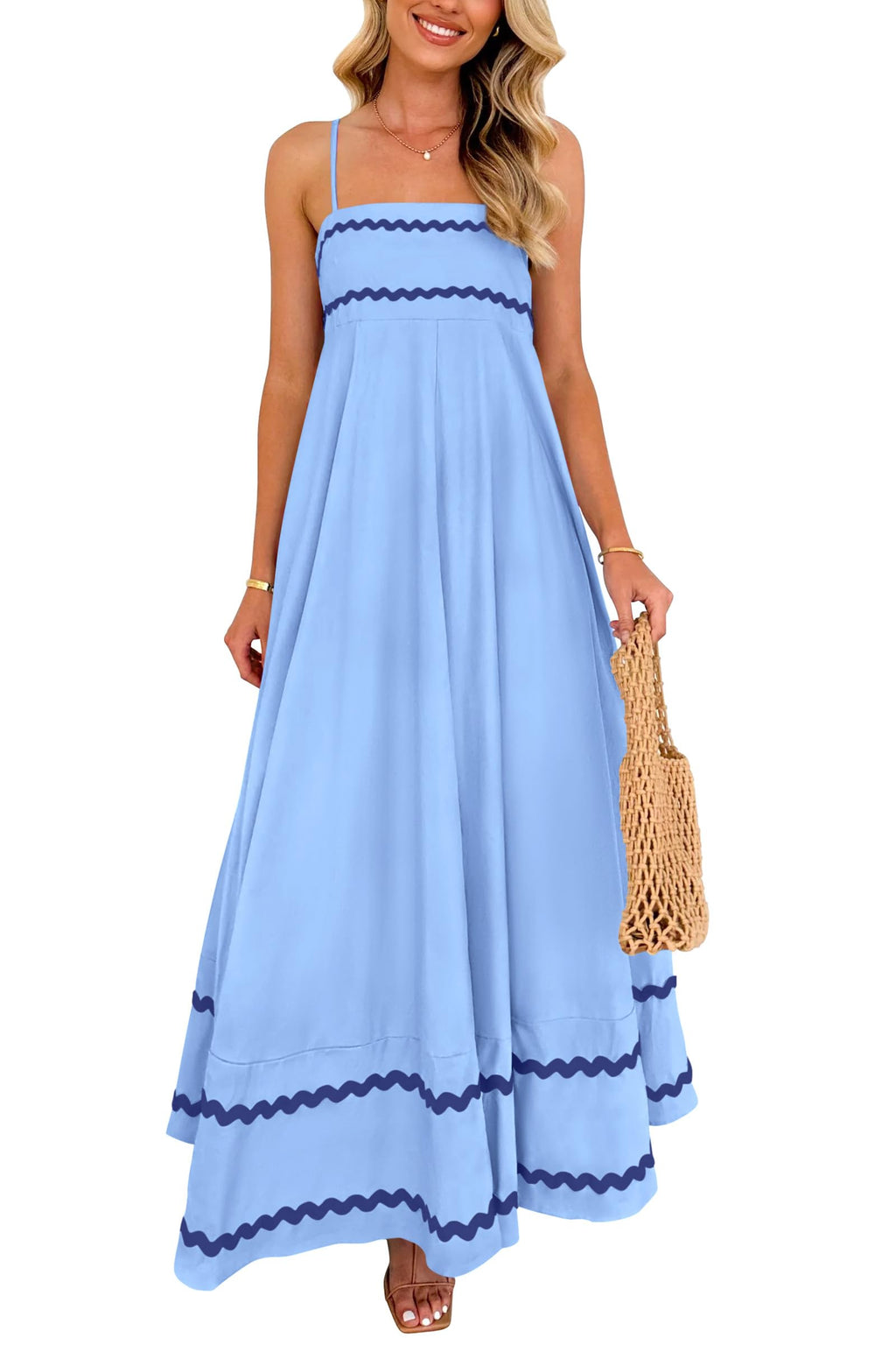 PRETTYGARDEN Women's 2025 Summer Flowy Maxi Dress Casual Sleeveless Spaghetti Strap Ruffle Beach Long Dresses (Light Blue,Large)