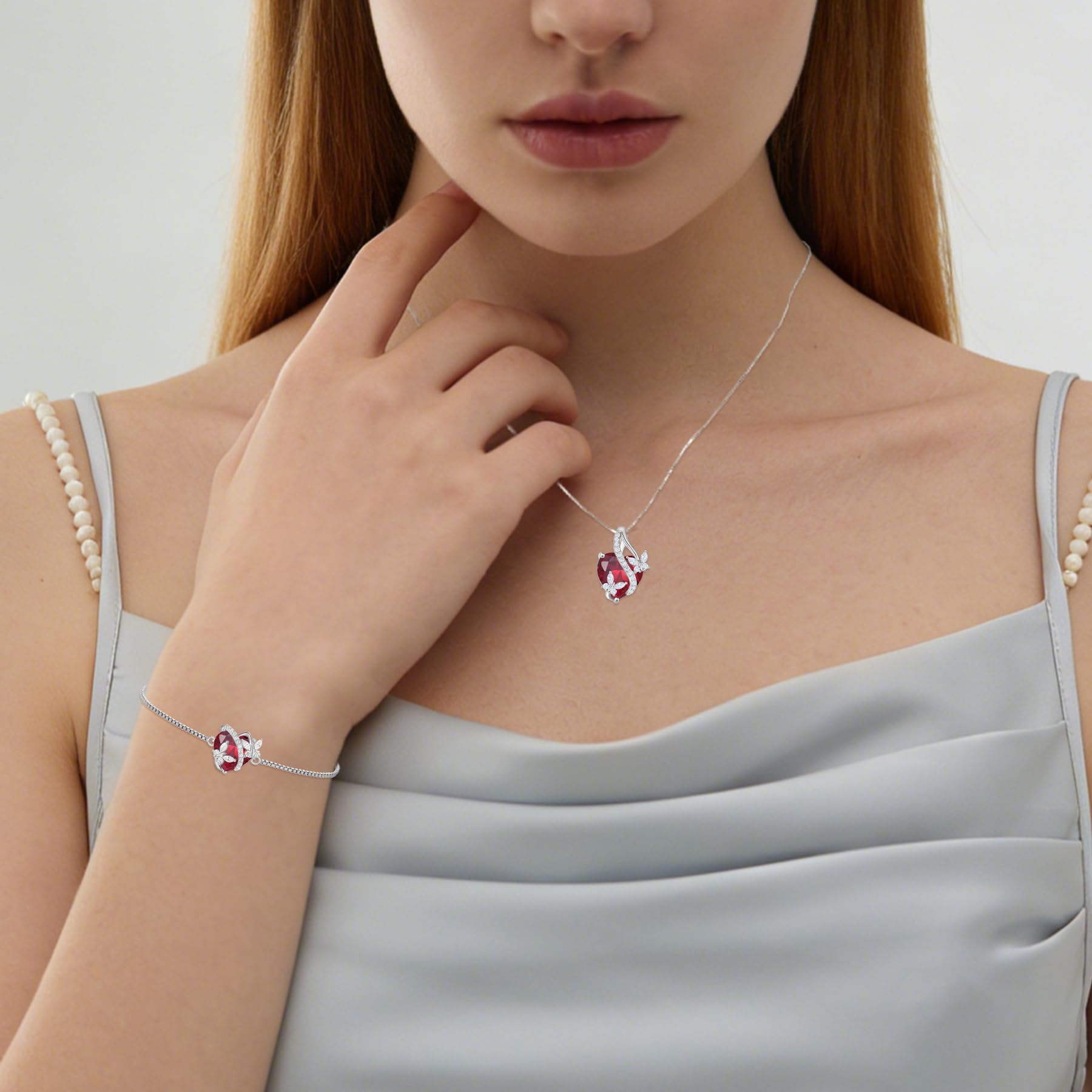 Vesitim Butterfly Bracelet for Women Sterling Silver Heart Jewelry Created Ruby Charm Link Bracelet