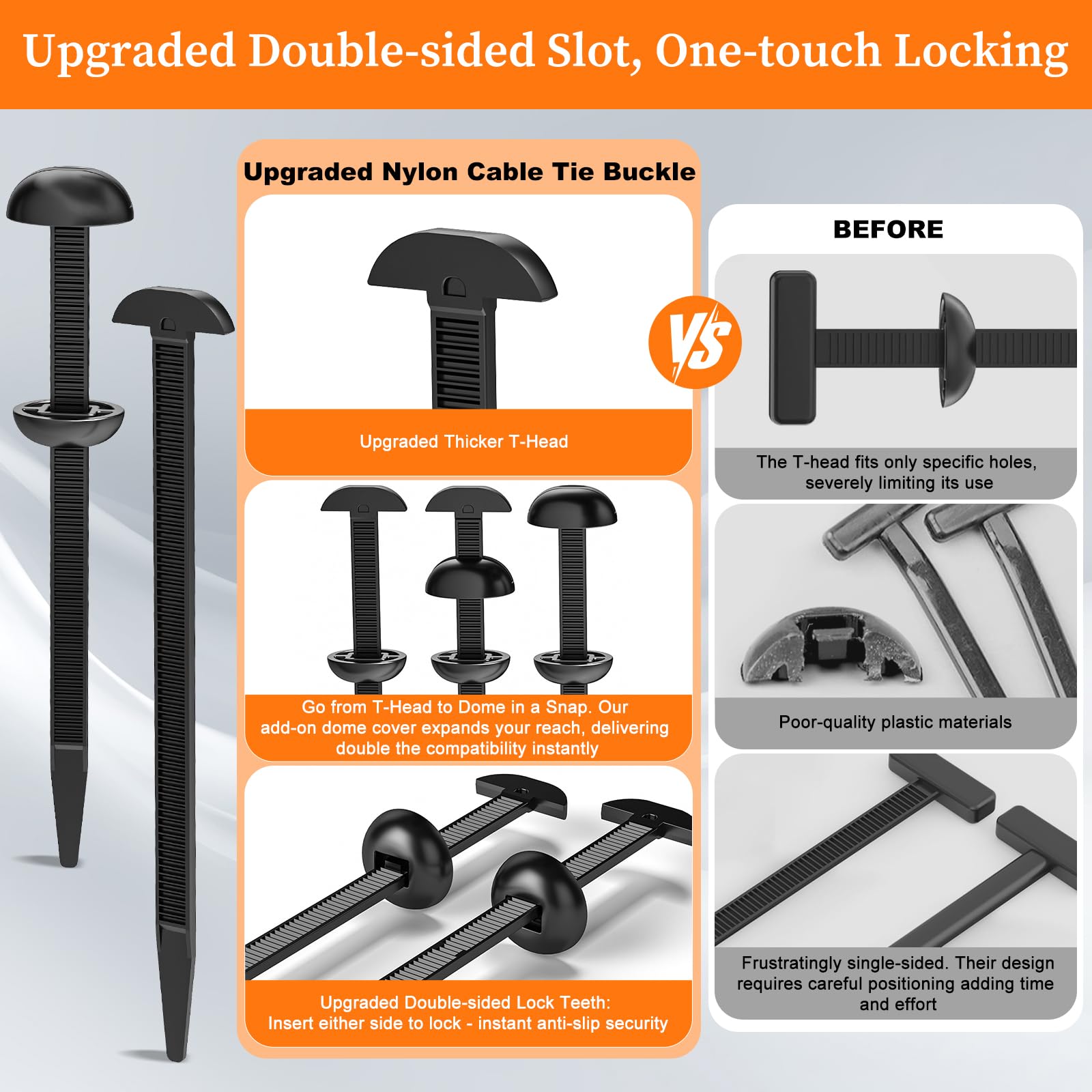 Coopache Nylon Universal Cable Tie Buckle for Car Heavy Duty, Upgraded Automotive Zipper Clips, Fender Zip Ties Fasteners, Top Movable Dome (Black 50 PCS)