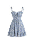 CIDER Santorini Beach Vacation Ditsy Floral Tie Shoulder Mini Dress: Blue, M