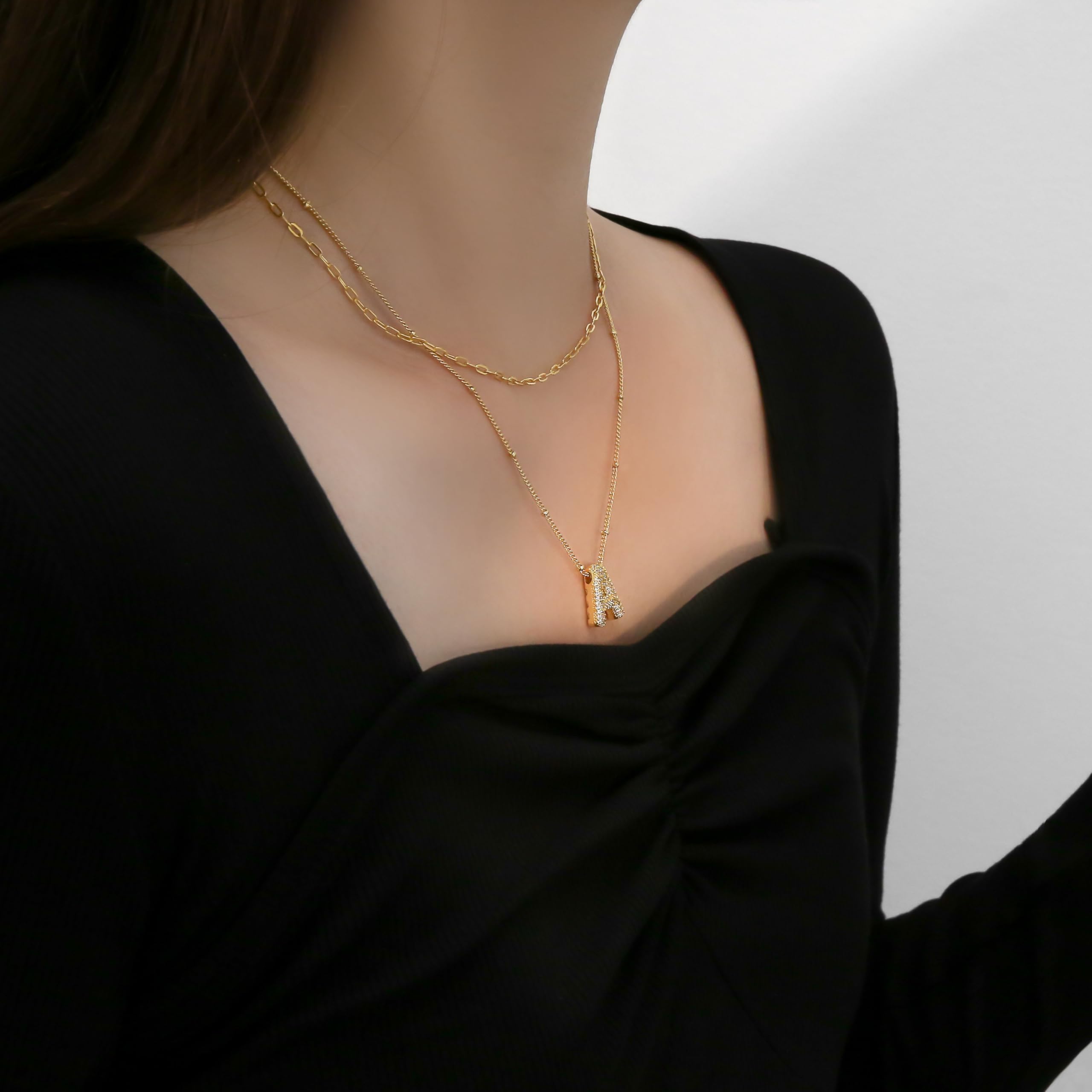 Tasunom Double Layer Initial Necklace, 14K Gold Plated, CZ Crystal Letter Pendant, A-Z Available (T, gold)