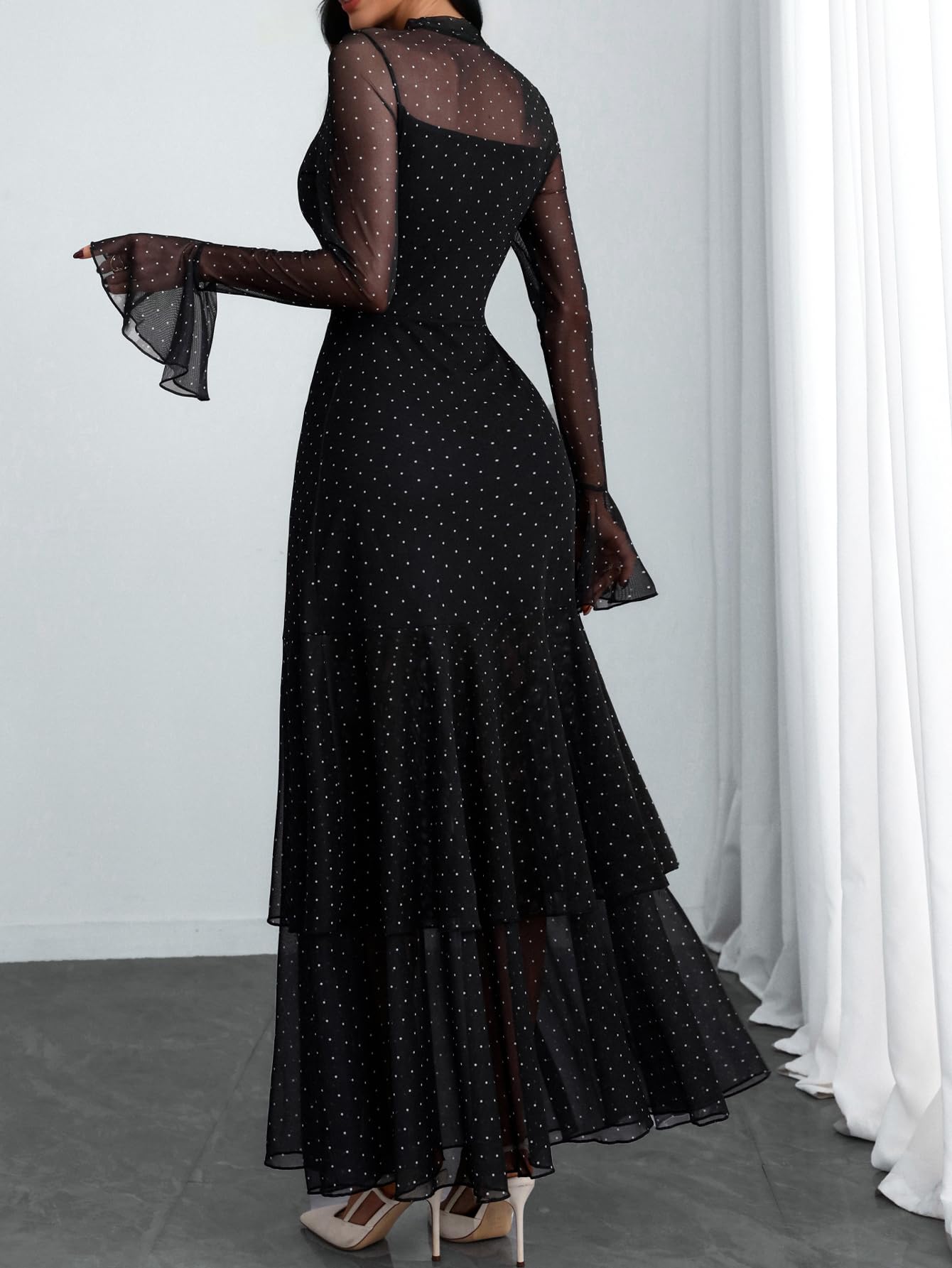 GothDark Womens Elegant Polka Dot Mesh Long Sleeve Dress Bell Sleeve Layered Ruffle Split Formal Wedding Guest Dresses