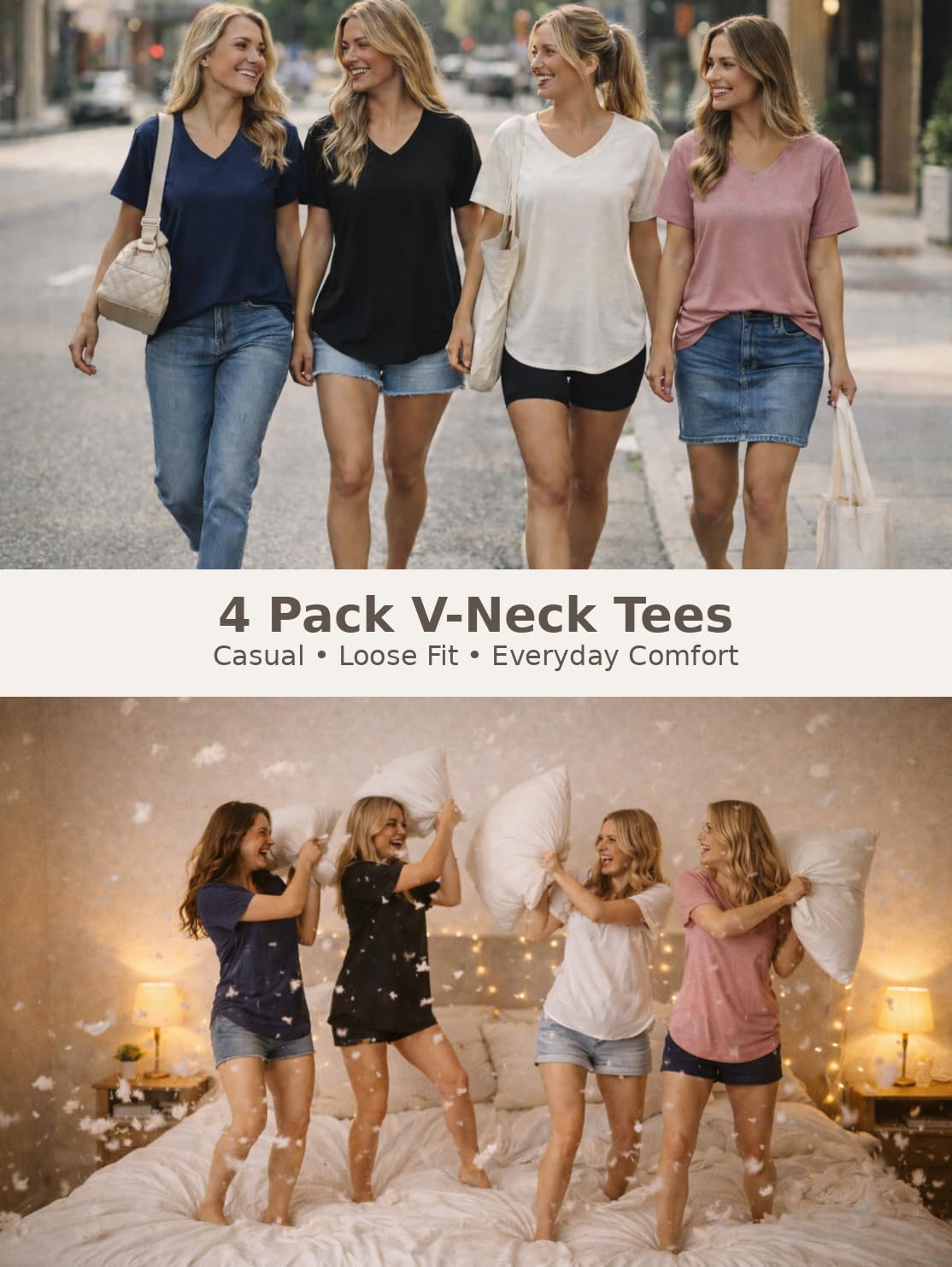 VILIGO 4 Pack V Neck T Shirts for Women Short Sleeve Shirts Basic Casual Tees Loose Fit Plus Size Tops Plain Summer Clothes, Black/Beige/Navy/Mauve 2XL