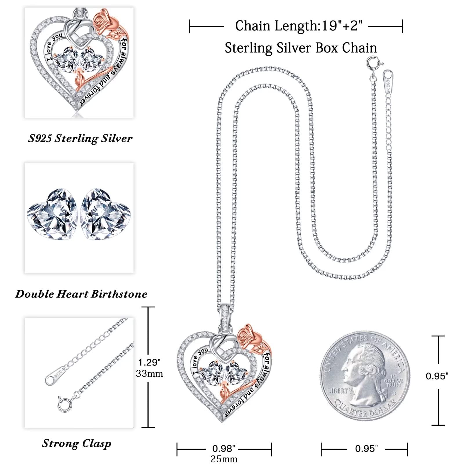 Iefil Birthstone Necklace for Women - April Birthstone Necklace, Diamond Necklace for Women, White Topaz Necklaces, Sterling Silver Necklace, Rose Heart Necklaces for Women, Jewelry for Women