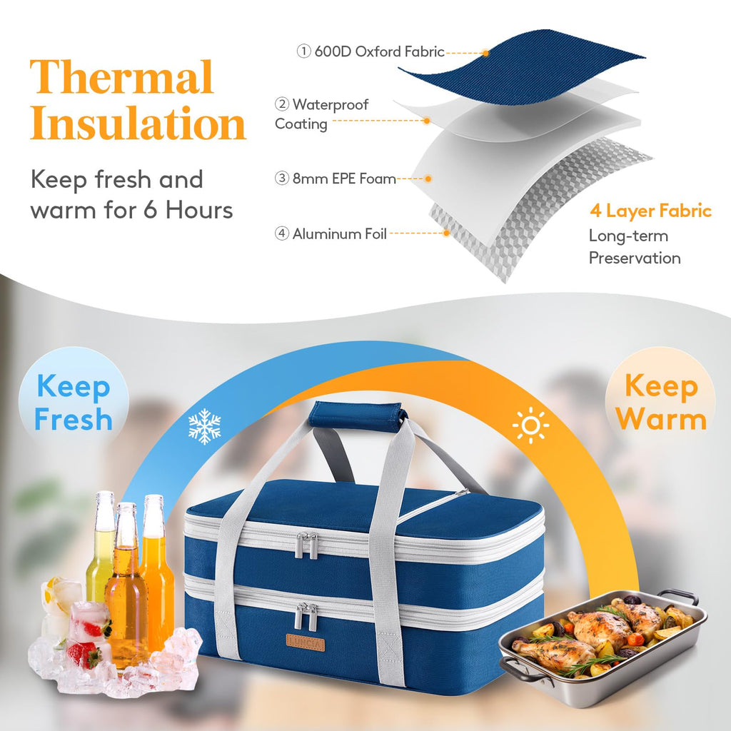 LUNCIA Insulated Double Decker Casserole Carrier, Lasagna Lugger Tote Keeps Food Hot or Cold, Thermal Lunch Bag for Potluck Parties, Picnic and Cookouts, Fits 9" x 13" Baking Dish, Pure Blue