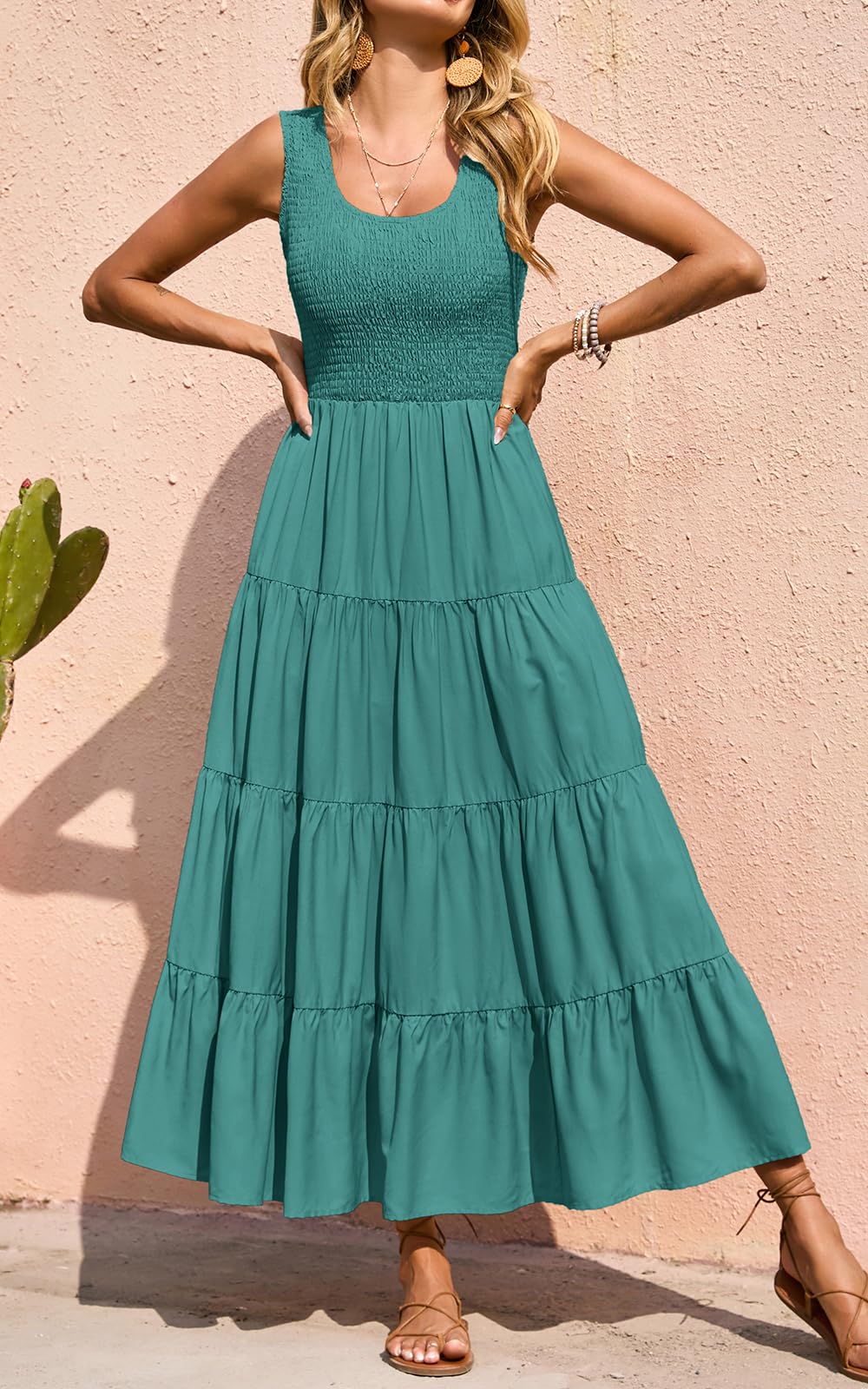 PRETTYGARDEN Sleeveless Flowy Spring Wedding Guest Dresses for Women Long Dress Smocking Top Crewneck Maxi Dresses (Bean Green, Small)