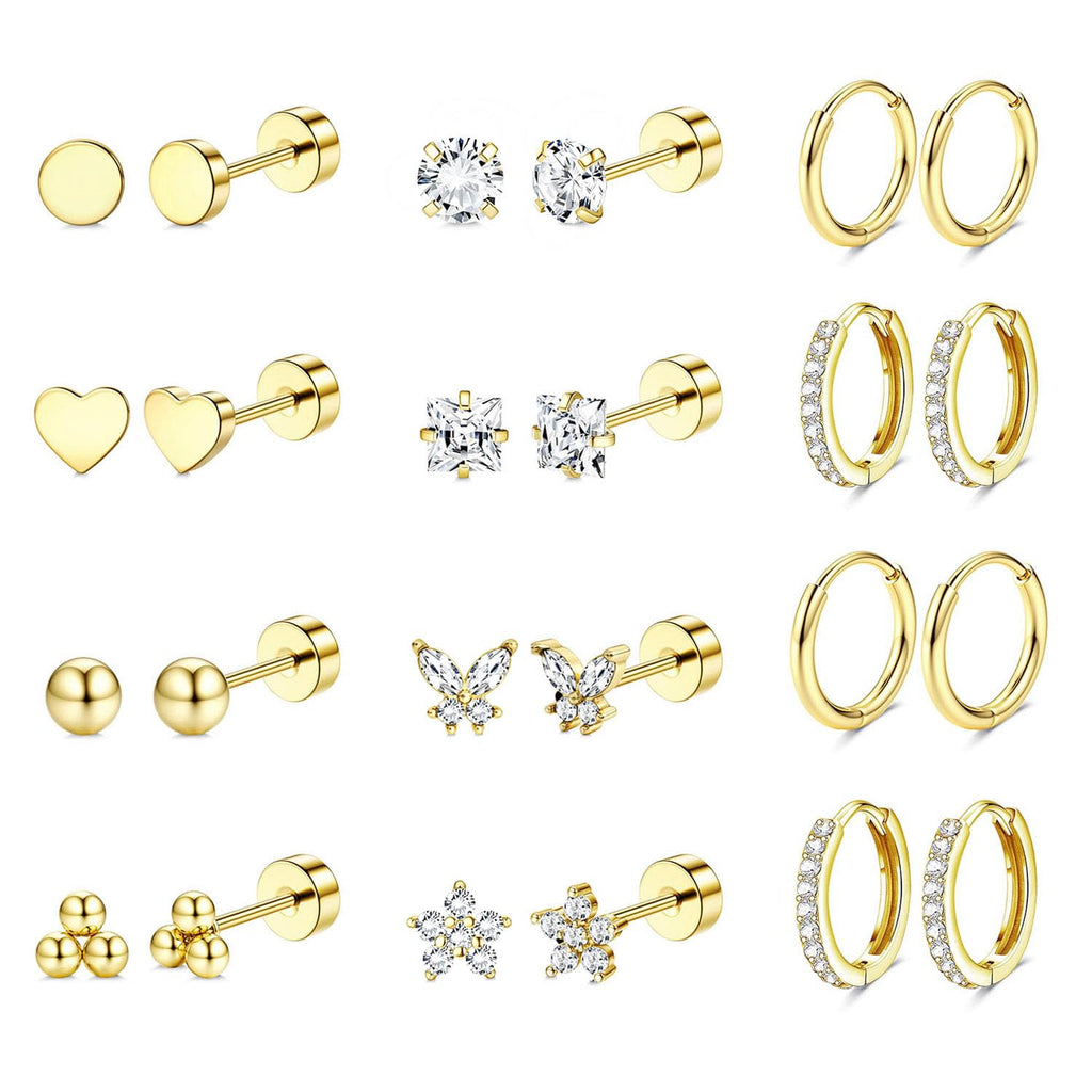 Jstyle Hypoallergenic 14K Gold Plated Flat Back Earrings for Women Men Surgical Stainless Steel Earrings for Sensitive Ears Small Stud Hoop Cartilage Earring Stack Set for Multiple Piercing Jewelry