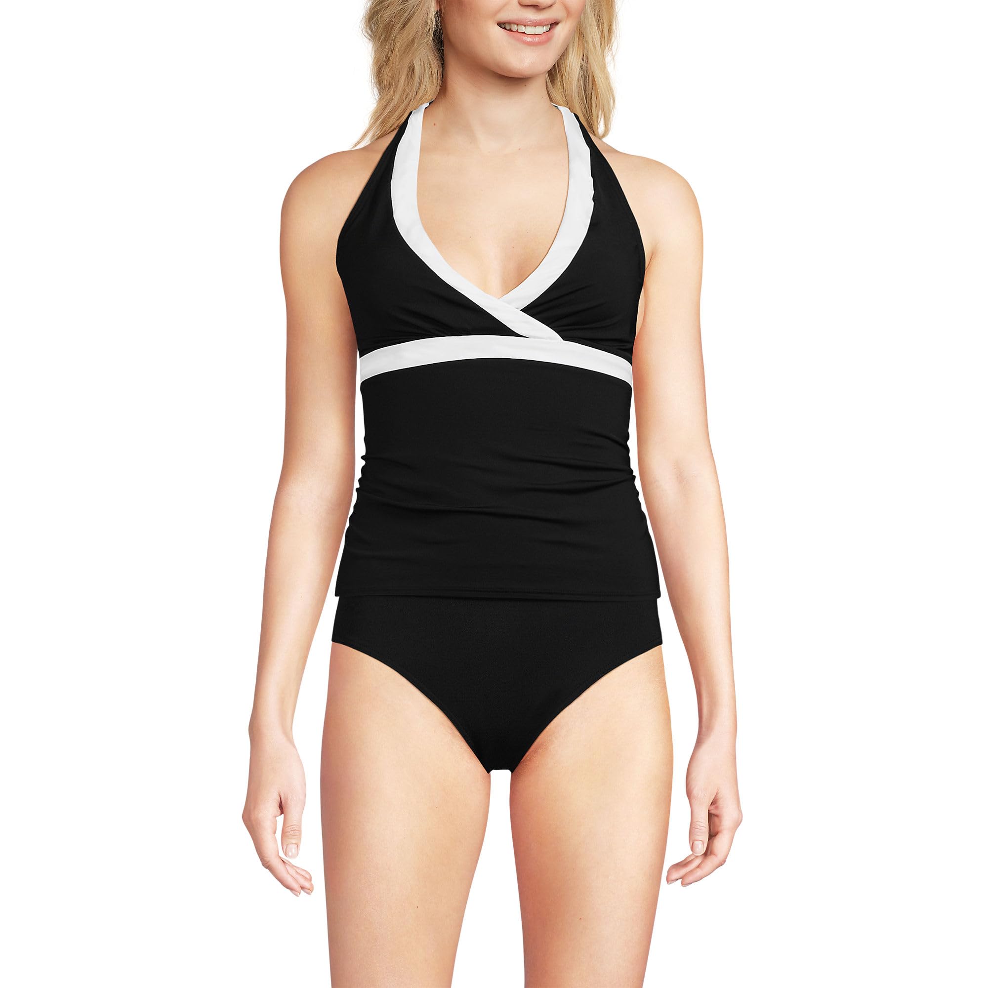 Lands' End Women's Long Torso V-Neck Halter Tankini Top X-Small Black/White