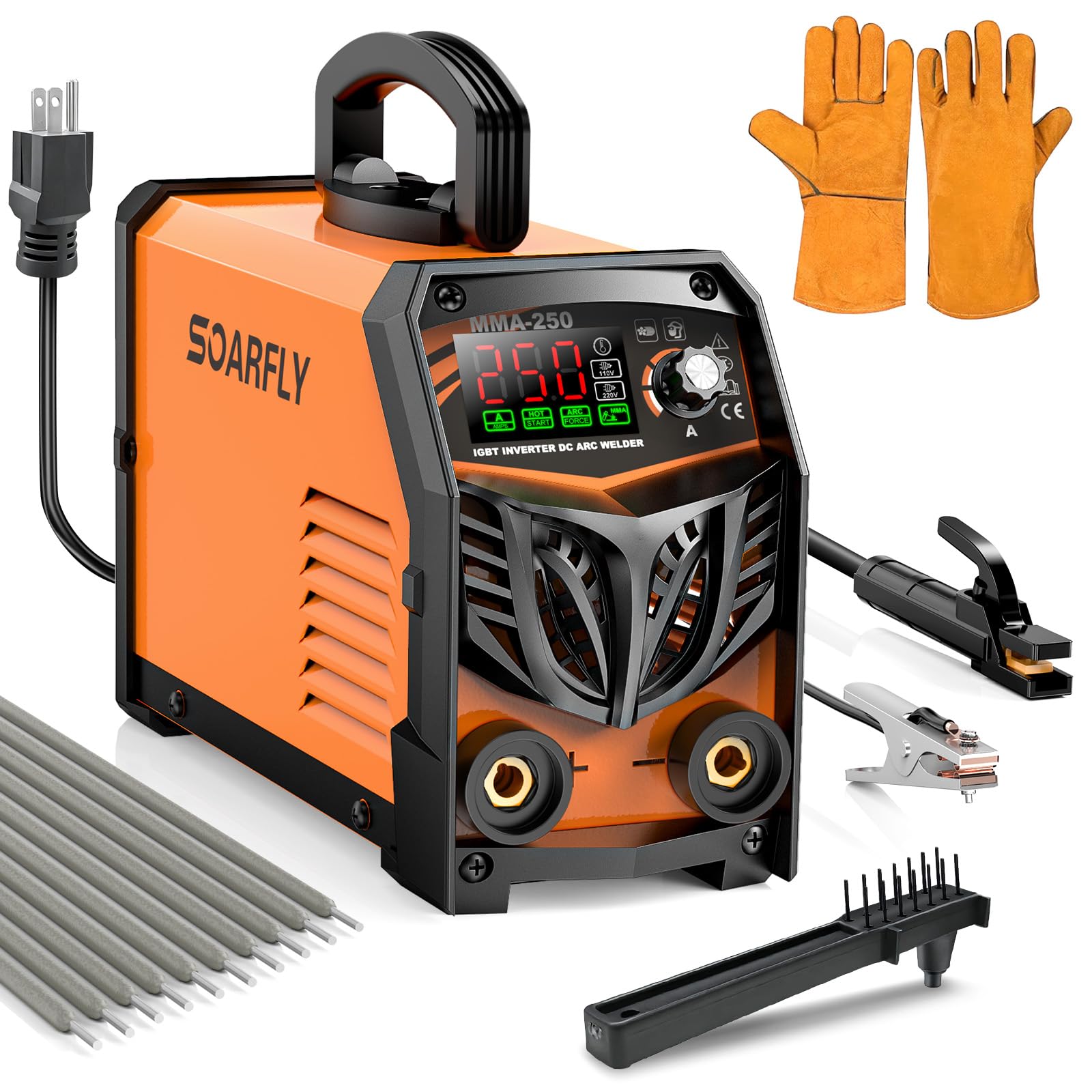 SOARFLY Stick Welder, 250Amp ARC Welding Machine with Large LED Display, Dual Voltage 110V/220V IGBT Inverter Portable Welder w/10 Rods, Ground Clamp, Electrode Clamp, Hot Start, Arc Force, Anti-Stick