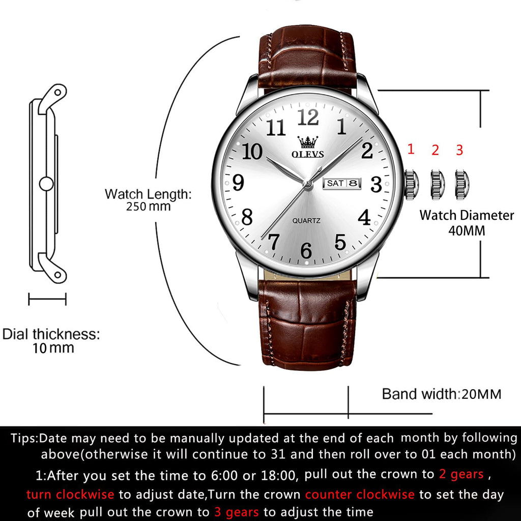 OLEVS Men Watches Dress Waterproof Brown Leather Band Classic Large Face Luxury Watches for Men Casual Original Analog Business Dainty Watch Men Two Tone Fashion Elegant Adjustable Quartz Watches Men