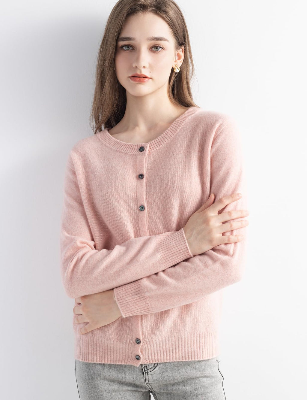 Chanyarn Women's 100% Pure Cashmere Cardigan Crew Neck Long Sleeve 2025 Fall Winter Warm Soft Knit Cardigan Sweater (Pink17176,M)