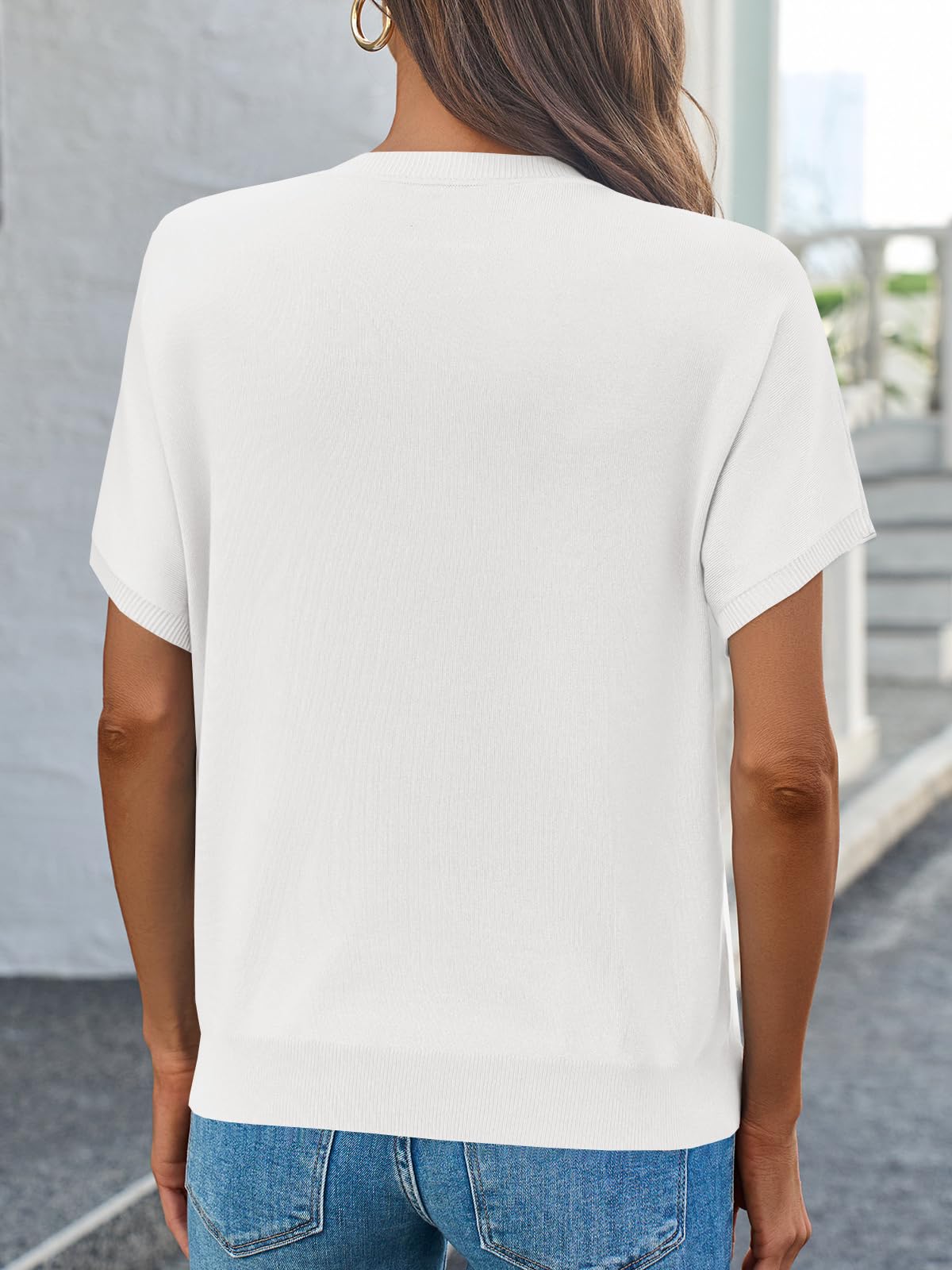 Saodimallsu Womens Short Sleeve Sweater Casual Basic Crew Neck Loose Knit Pullover Tops Summer Lightweight Blouses White