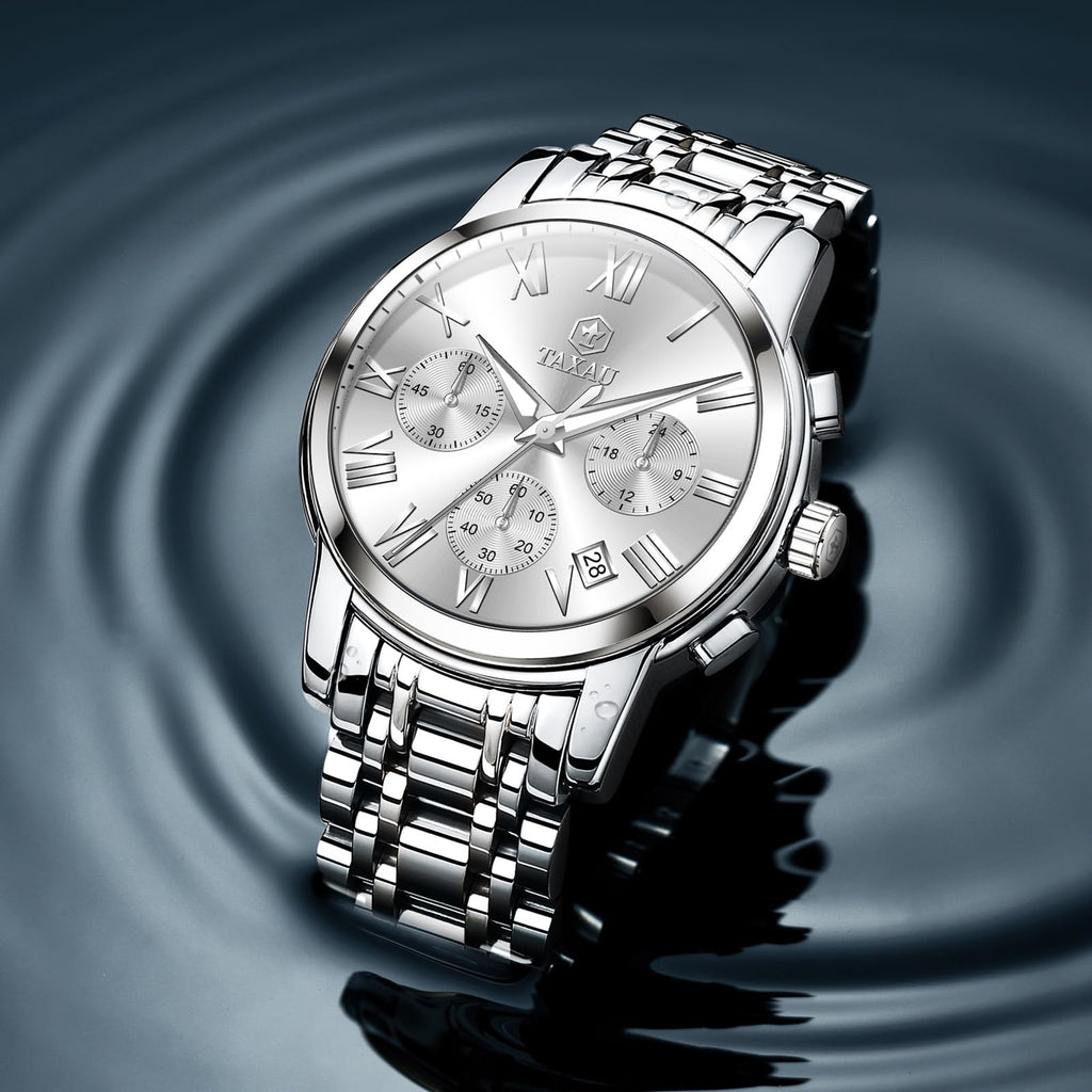 Taxau Silver Watches for Men Stainless Steel Chronograph White Face Multi-Function Men Wristwatch Analog Quartz Fashion Roman Numeral Date Men's Dress Watches Water Resistant Luminous Watch
