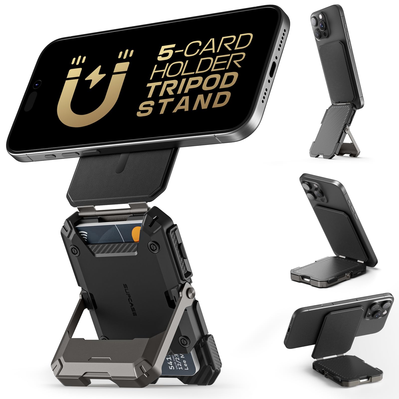 SUPCASE for MagSafe Wallet with Stand, Magnetic Wallet for Men, [Hold 5 Cards] [Adjustable Stand] [RFID Blocking] Phone Credit Card Holder Tripod for iPhone 17/16/15/14/13/12 Series, Black