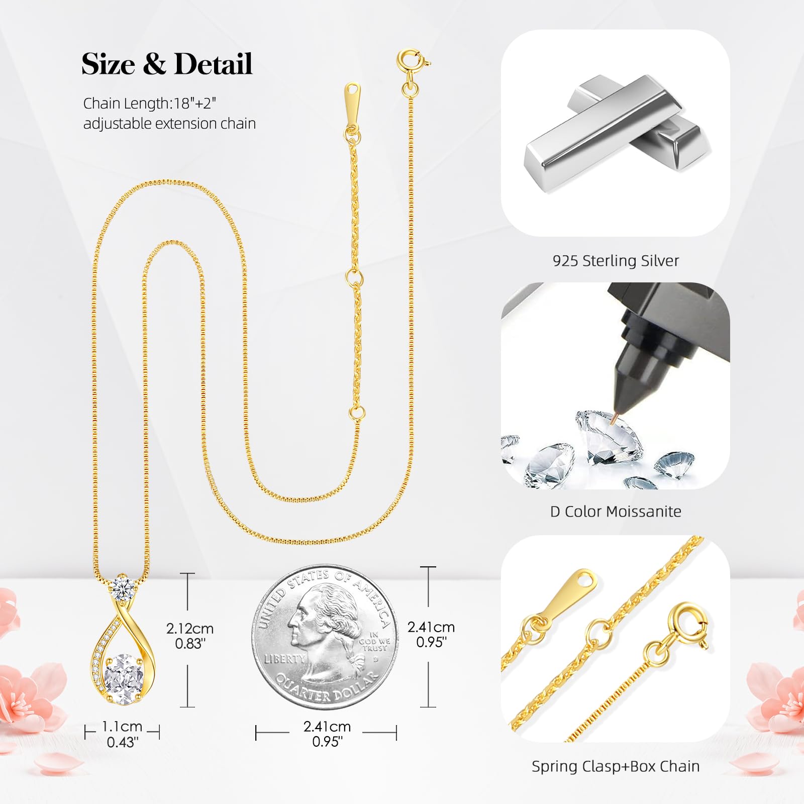 geweio 1.5CT Moissanite Infinity Pendant Necklace Anniversary Wedding Gifts for Women Wife Her S925 Sterling Silver 18K White Gold/Gold Filled Jewelry for Birthday Mothers Christmas Valentines Day