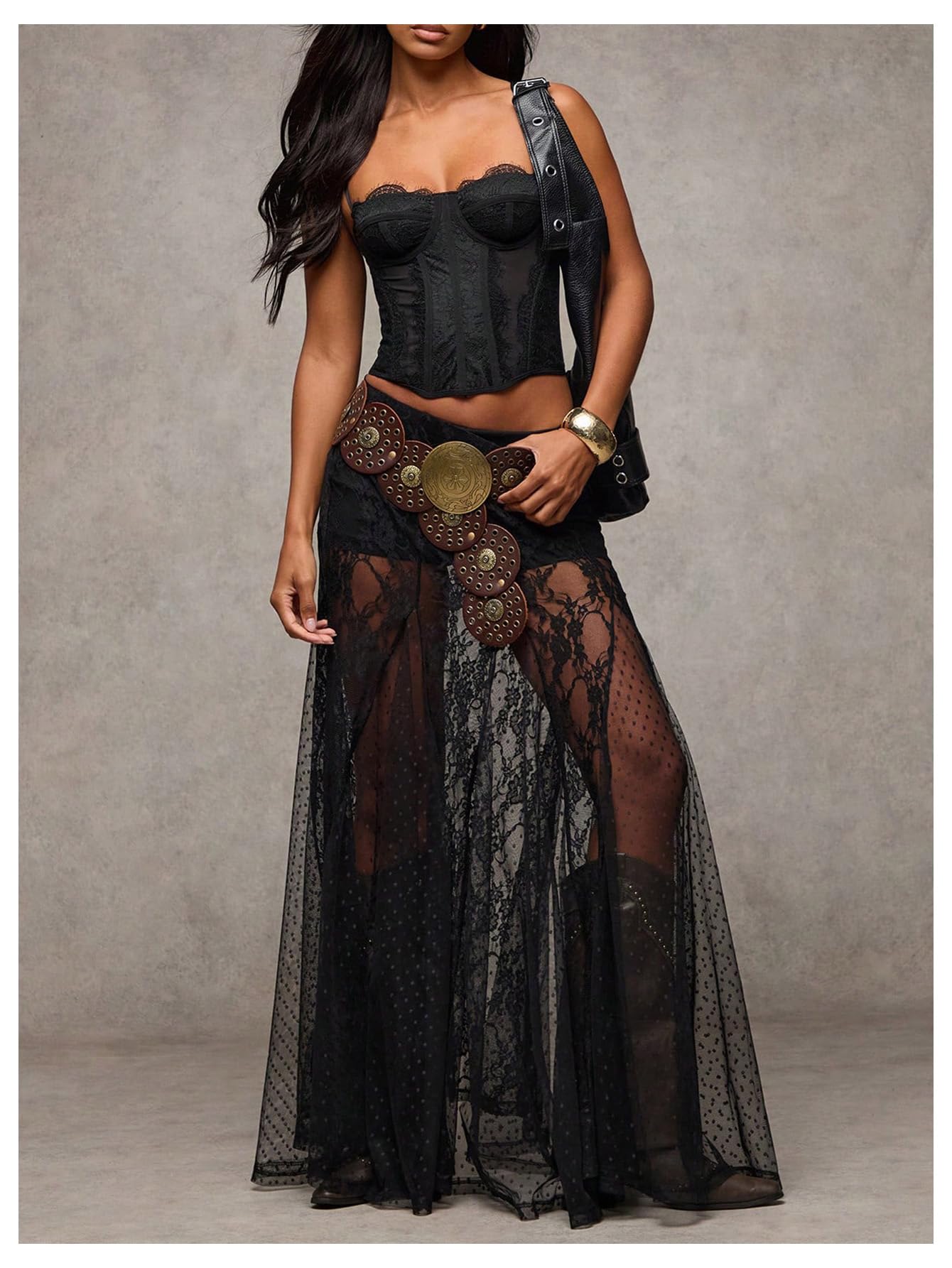 WDIRARA Women's Sexy See Through Sheer Lace Maxi Skirt Low Waist Ruffle Hem A Line Flowy Skirt Black X-Small