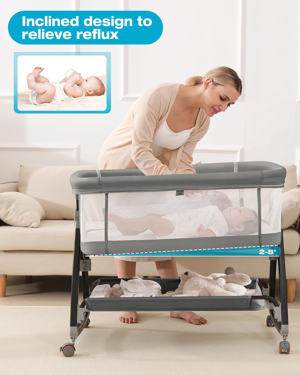 wayfong Baby Bassinet, Bassinet Bedside Sleeper with Wheels, Breathable Mesh Bedside Bassinet for Baby, Mosquito Net, Storage Basket, 6 Height Adjustable, Easy to Assemble