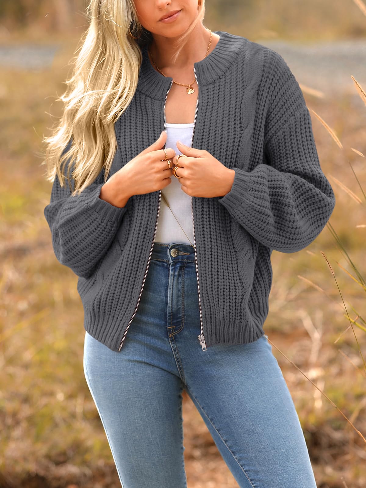 PRETTYGARDEN Women's Casual Long Sleeve Zip Up Open Front Cable Knit Cardigan Sweaters for Women 2025 Fall Sweater (Grey,XX-Large)