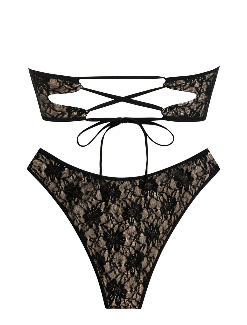 ZAFUL Women's Bandeau Bikini V Strapless Confetti Colorblock Tie Back High Cut Two Piece Swimsuit Bathing Suits (2-Coffee+Black, M)