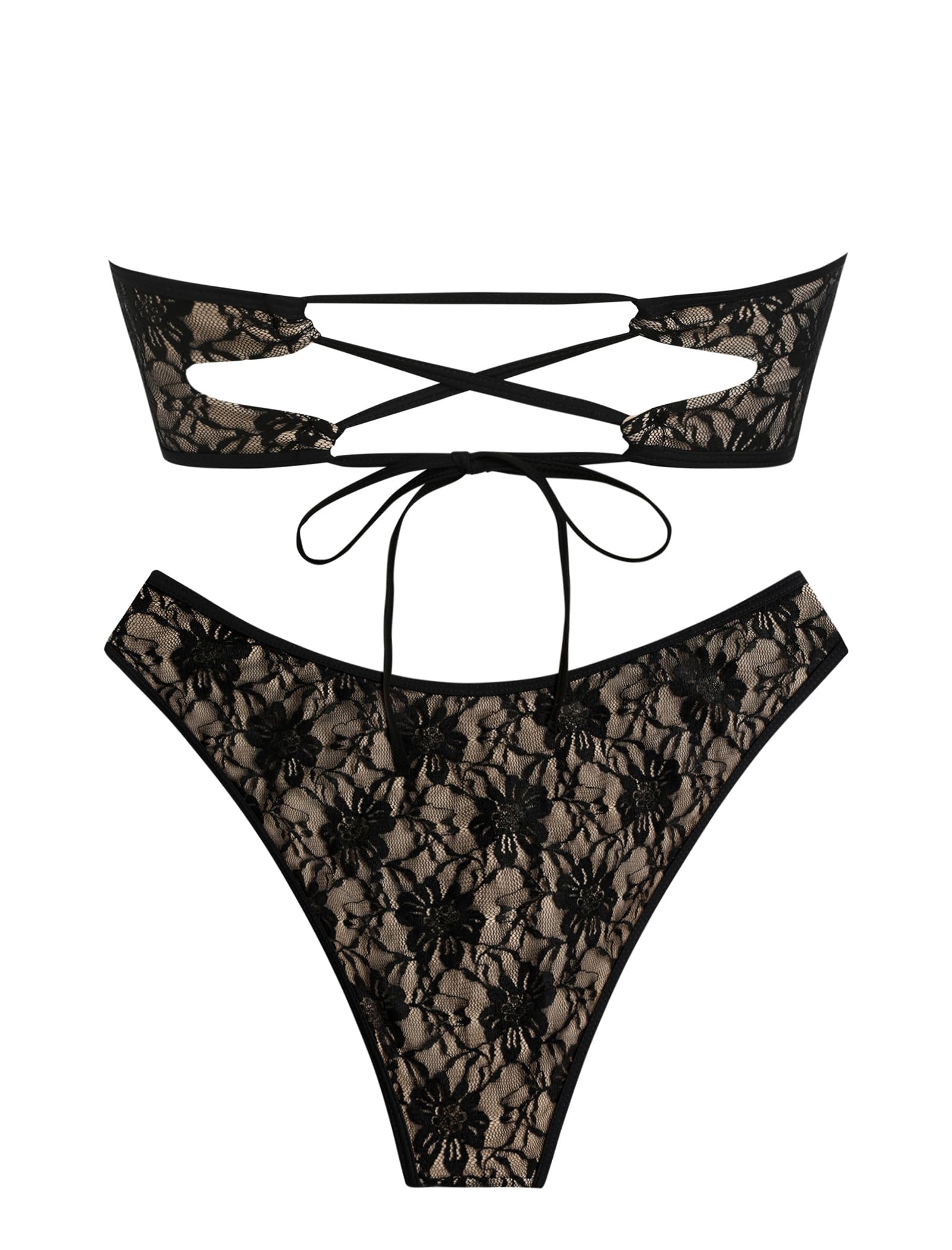 ZAFUL Women's Bandeau Bikini V Strapless Confetti Colorblock Tie Back High Cut Two Piece Swimsuit Bathing Suits (2-Coffee+Black, M)